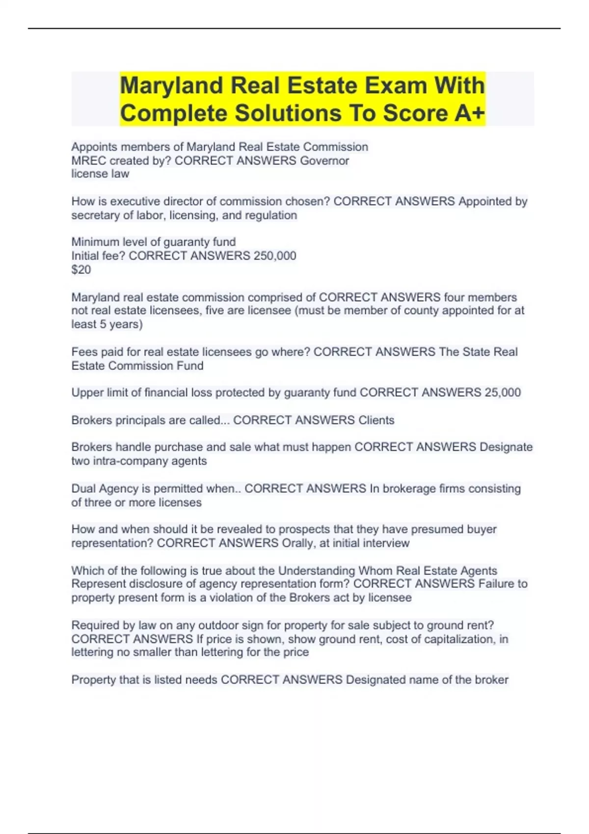 Maryland Real Estate Exam With Complete Solutions To Score A+