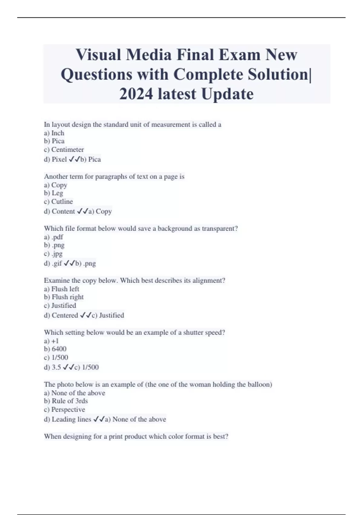 Visual Media Final Exam New Questions with Complete Solution 2024