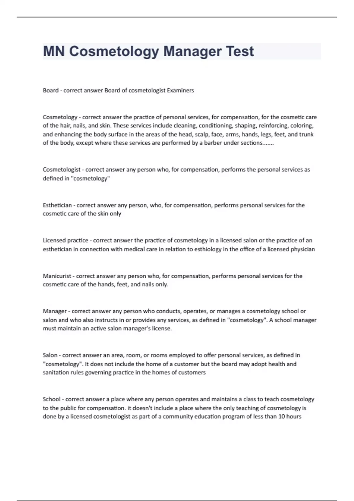 MN Cosmetology Manager Test Questions with complete solution 2023/2024