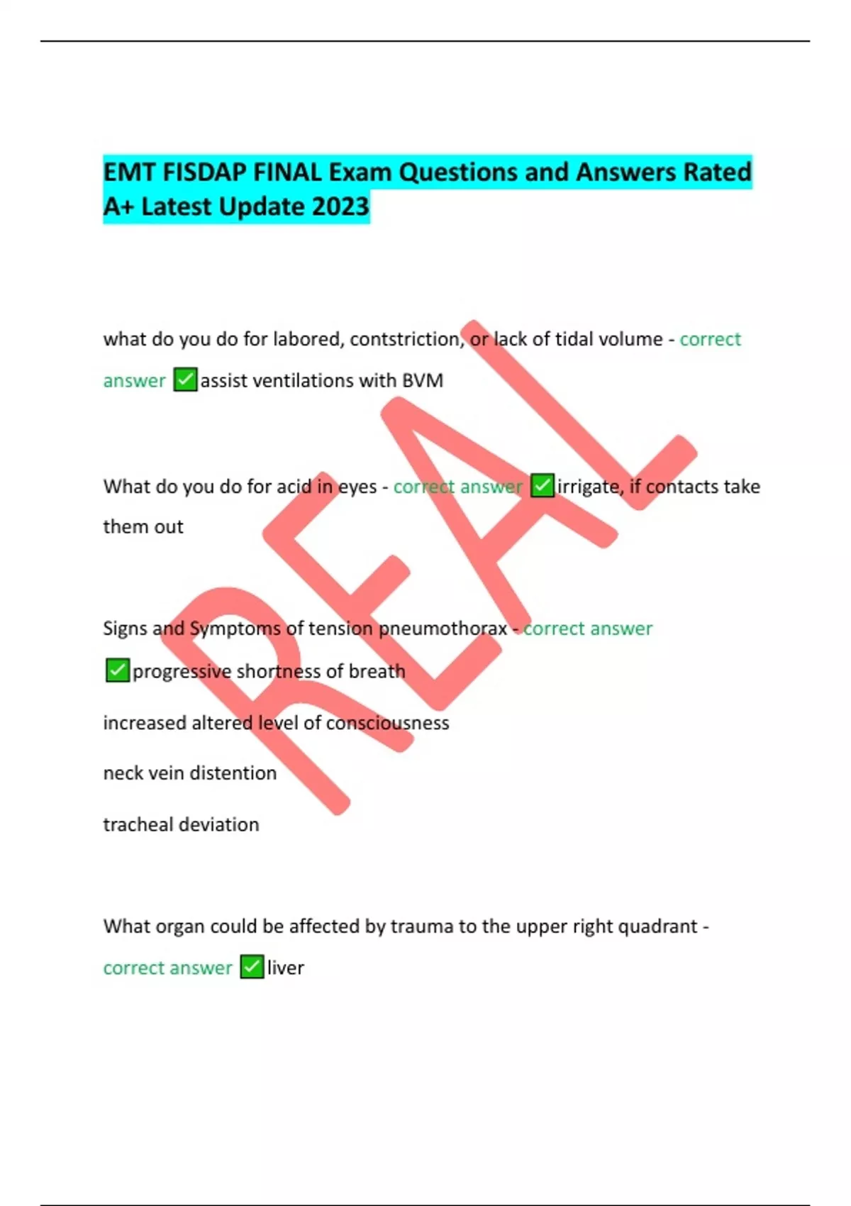 EMT FISDAP FINAL Exam Questions and Answers Rated A+ Latest Update 2023 ...