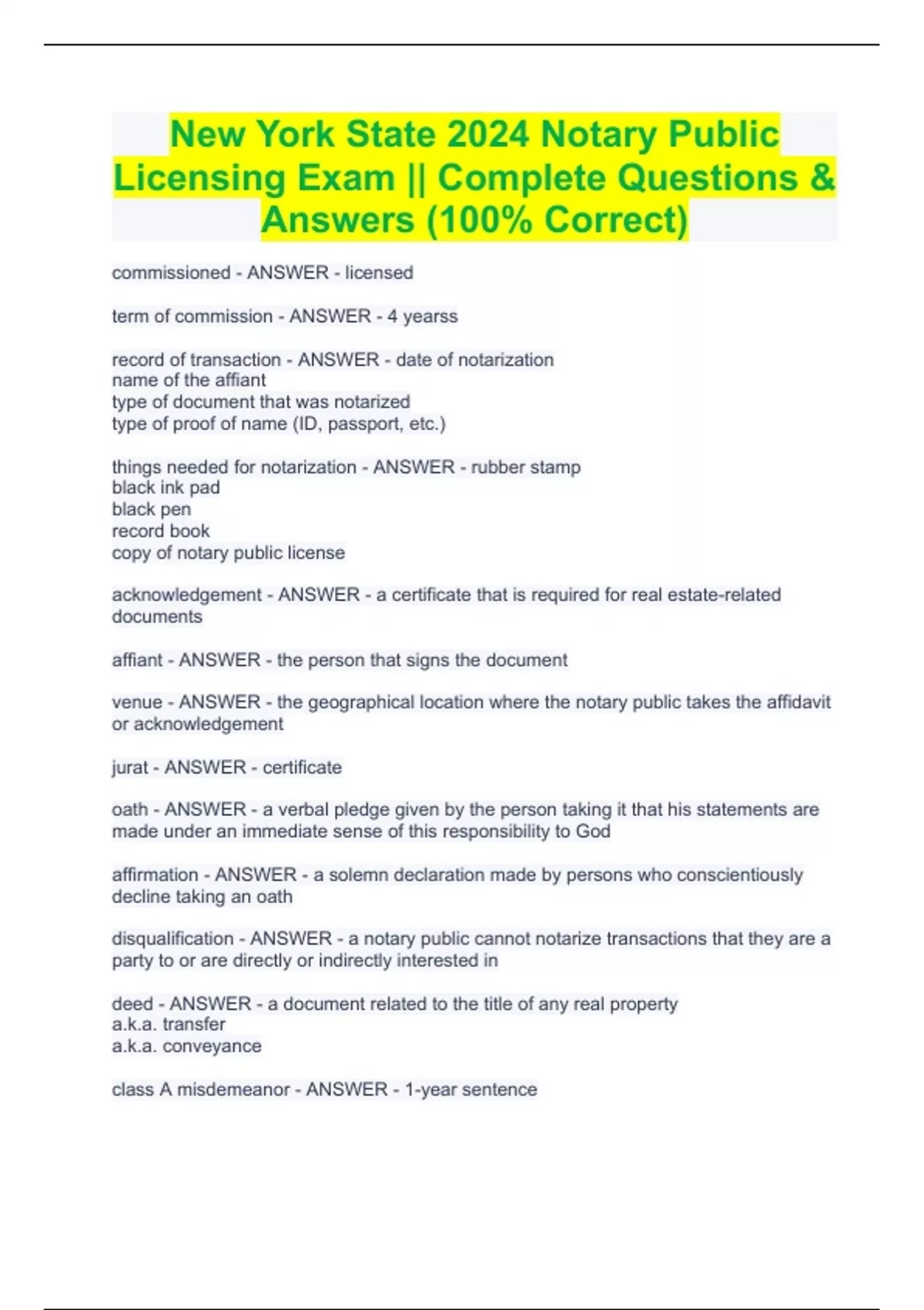 New York State 2024 Notary Public Licensing Exam Complete Questions