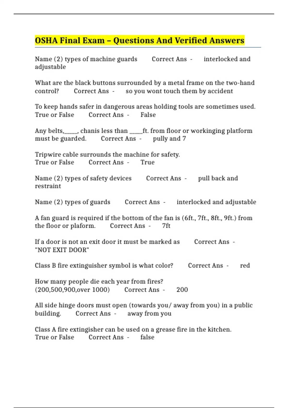 OSHA Final Exam Questions And Verified Answers OSHA 10 Stuvia US