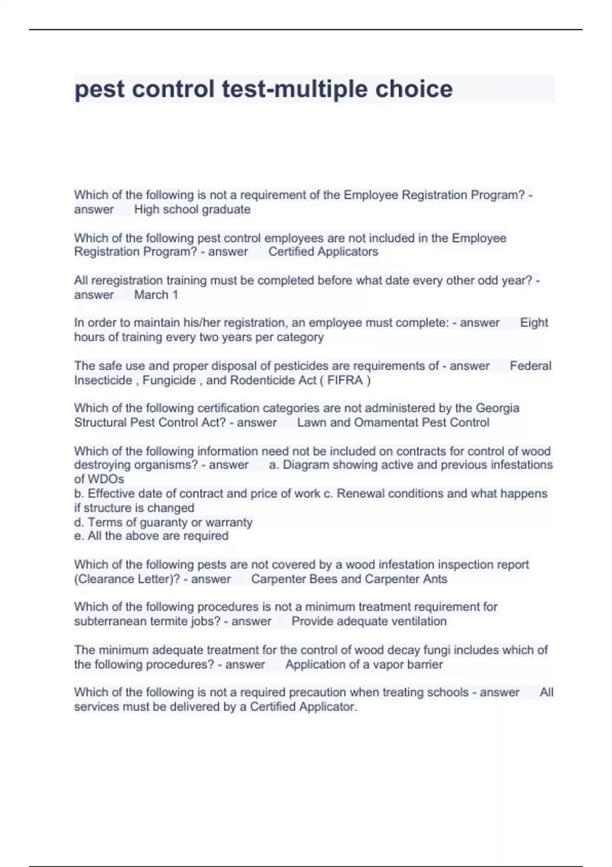 pest control testmultiple choice Questions and Answers Graded A+