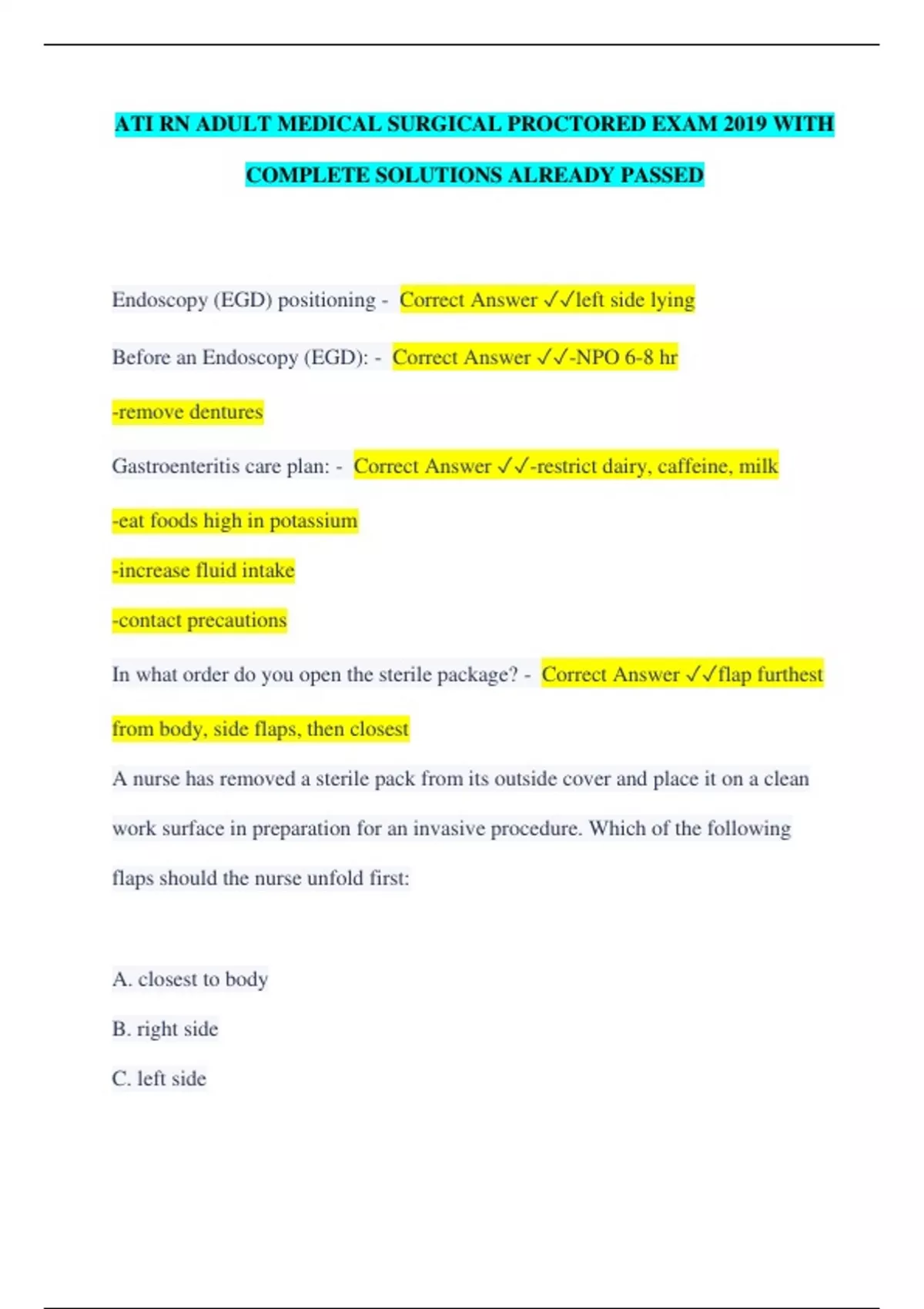 ATI RN ADULT MEDICAL SURGICAL PROCTORED EXAM 2019 WITH COMPLETE ...