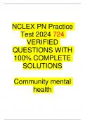NCLEX PN Practice Test 2024 724 VERIFIED QUESTIONS WITH 100% COMPLETE SOLUTIONS  Community mental health 