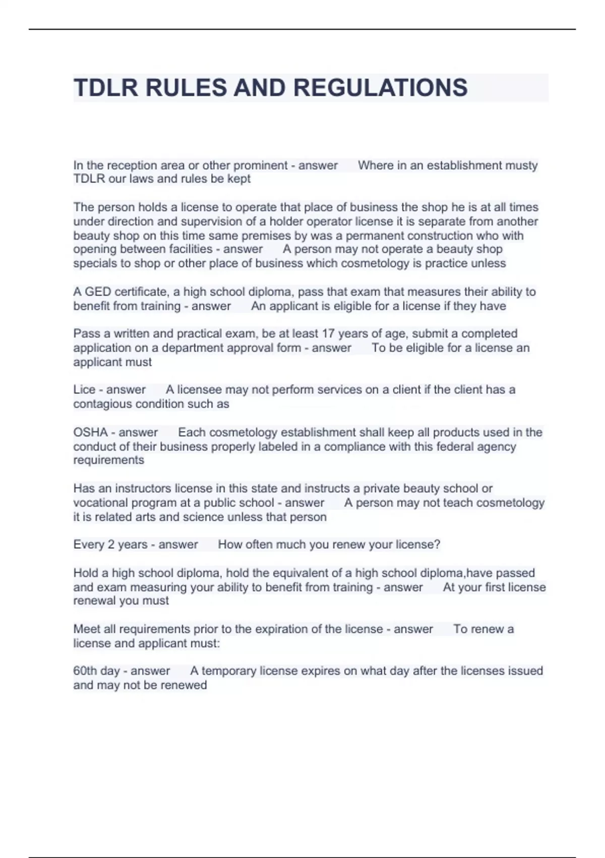 TDLR RULES AND REGULATIONS QUESTIONS WITH SOLUTIONS 2024 TDRL Stuvia US