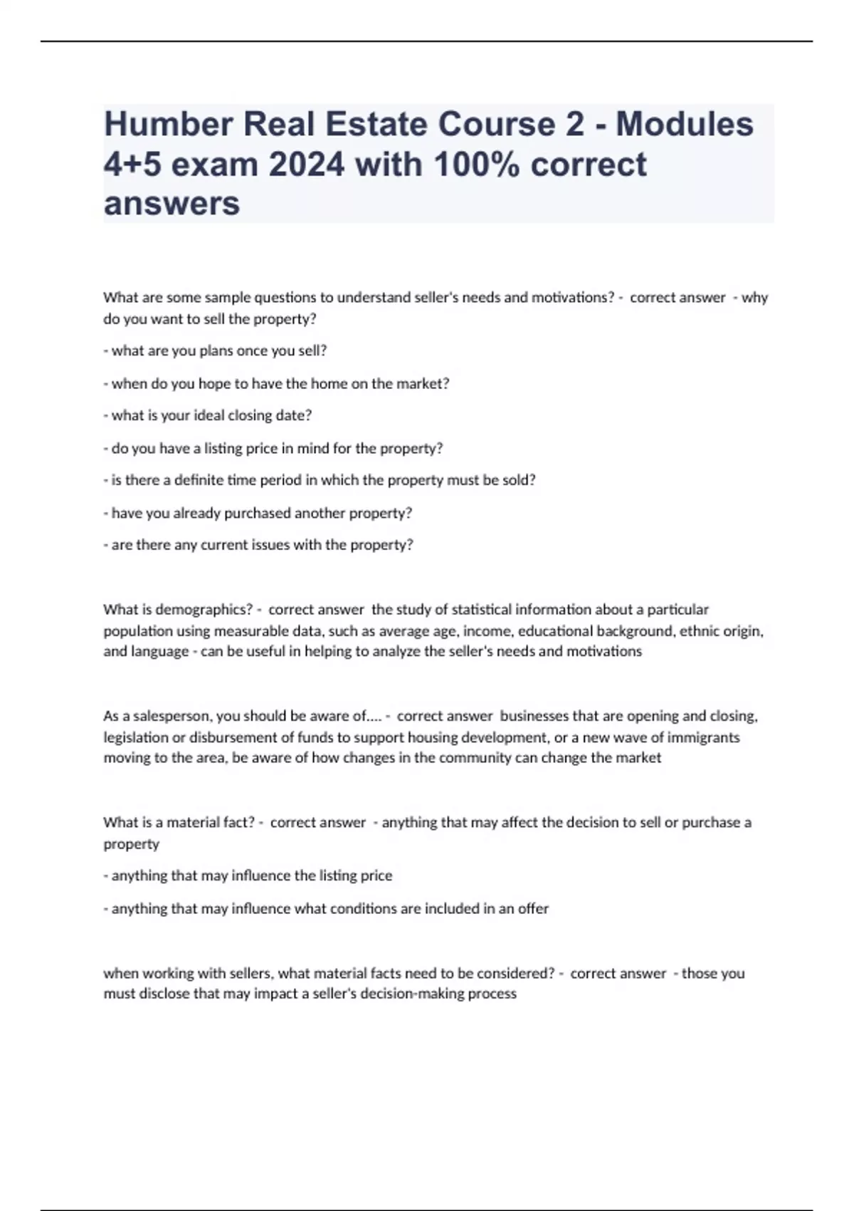 Humber Real Estate Course 2 Modules 4+5 exam 2024 with 100 correct