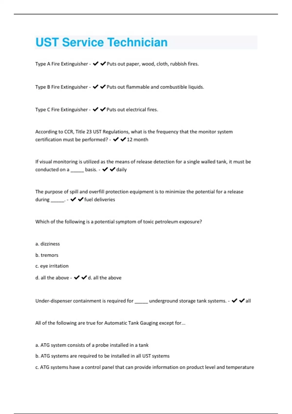 UST Service Technician Questions And Answers Rated A+ New Update