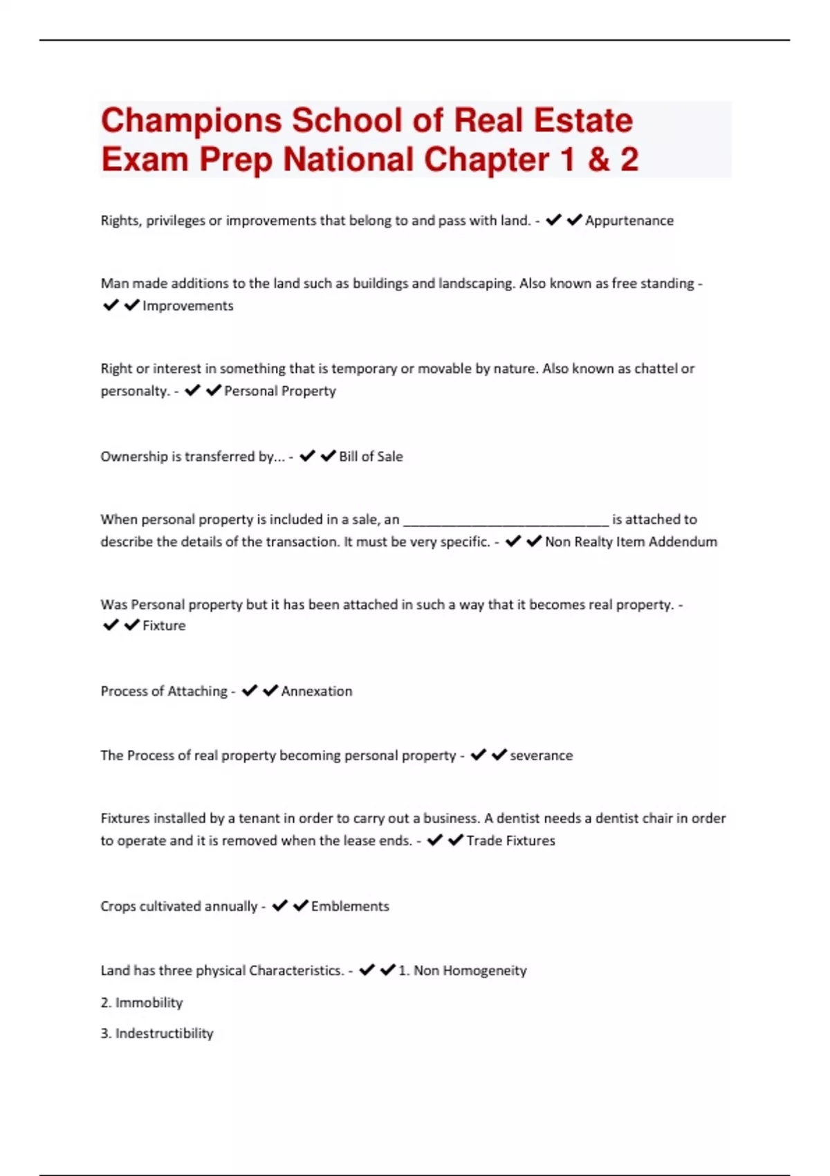 Champions School of Real Estate Exam Prep National Chapter 1 & 2
