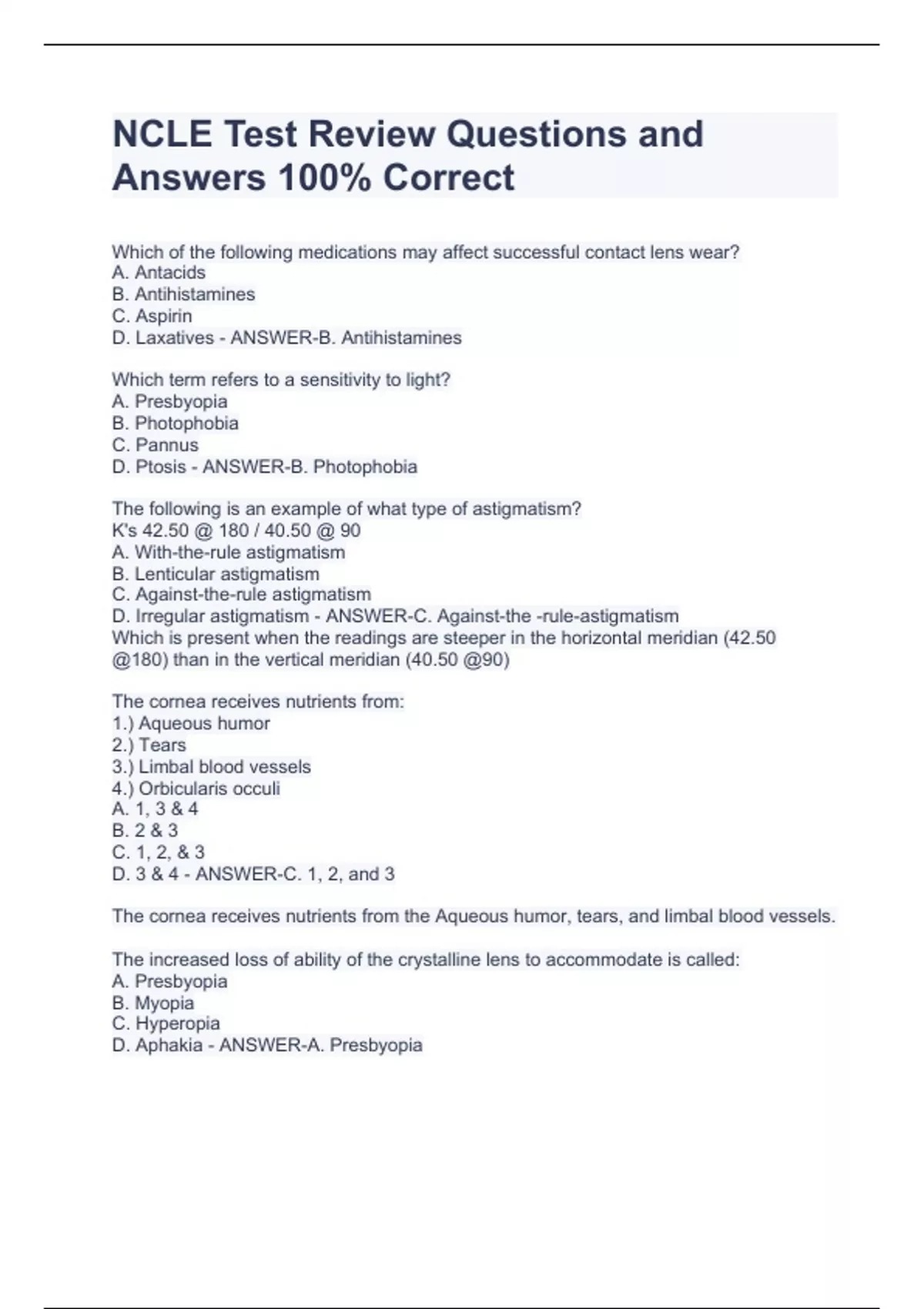 NCLE Test Review Questions and Answers 100% Correct - NCLE - Stuvia US