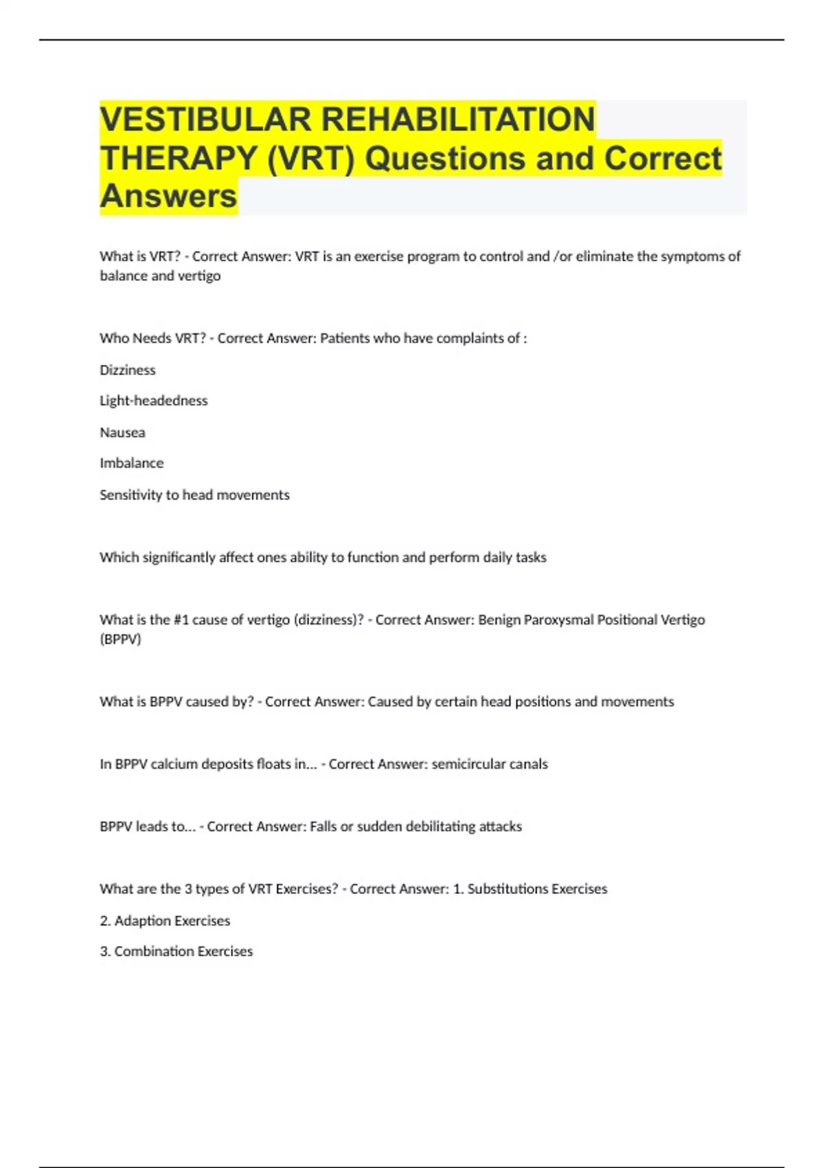 VESTIBULAR REHABILITATION THERAPY (VRT) Questions and Correct Answers