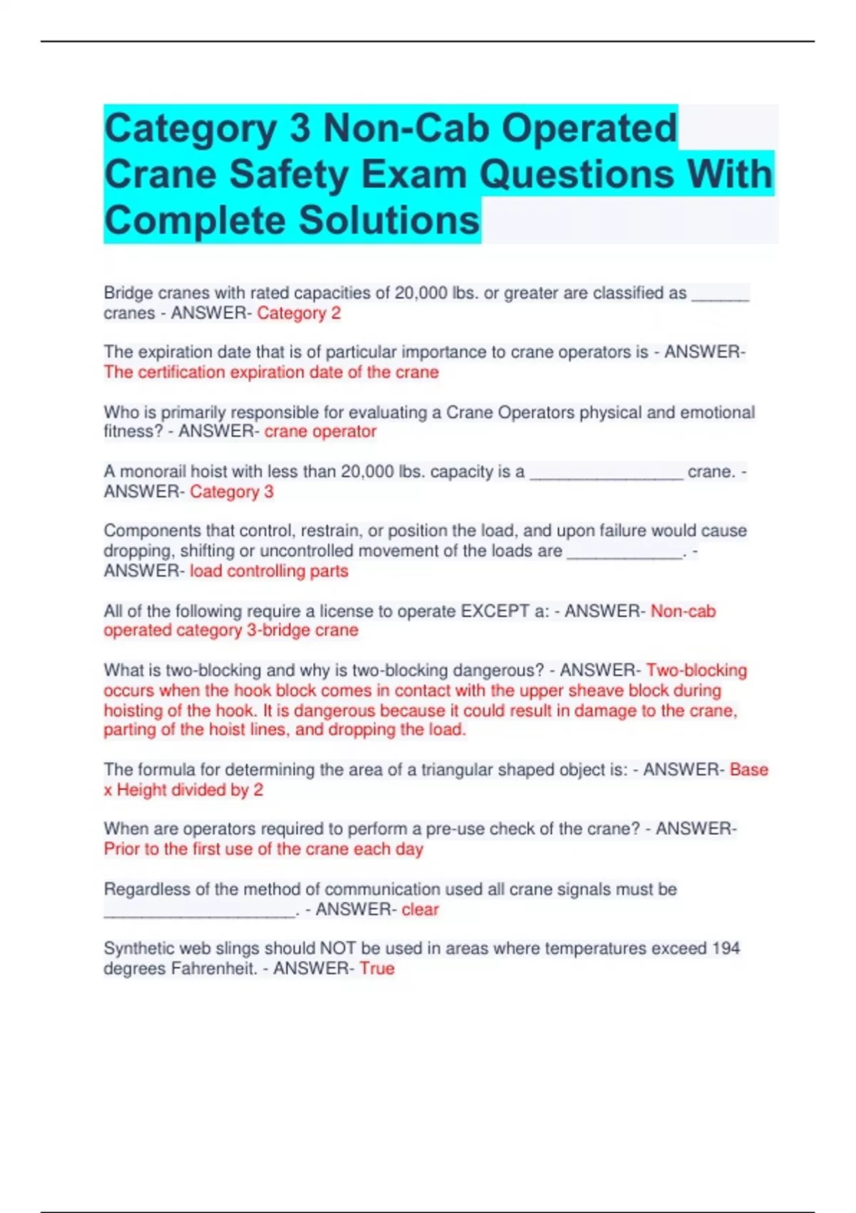 Category 3 NonCab Operated Crane Safety Exam Questions With Complete