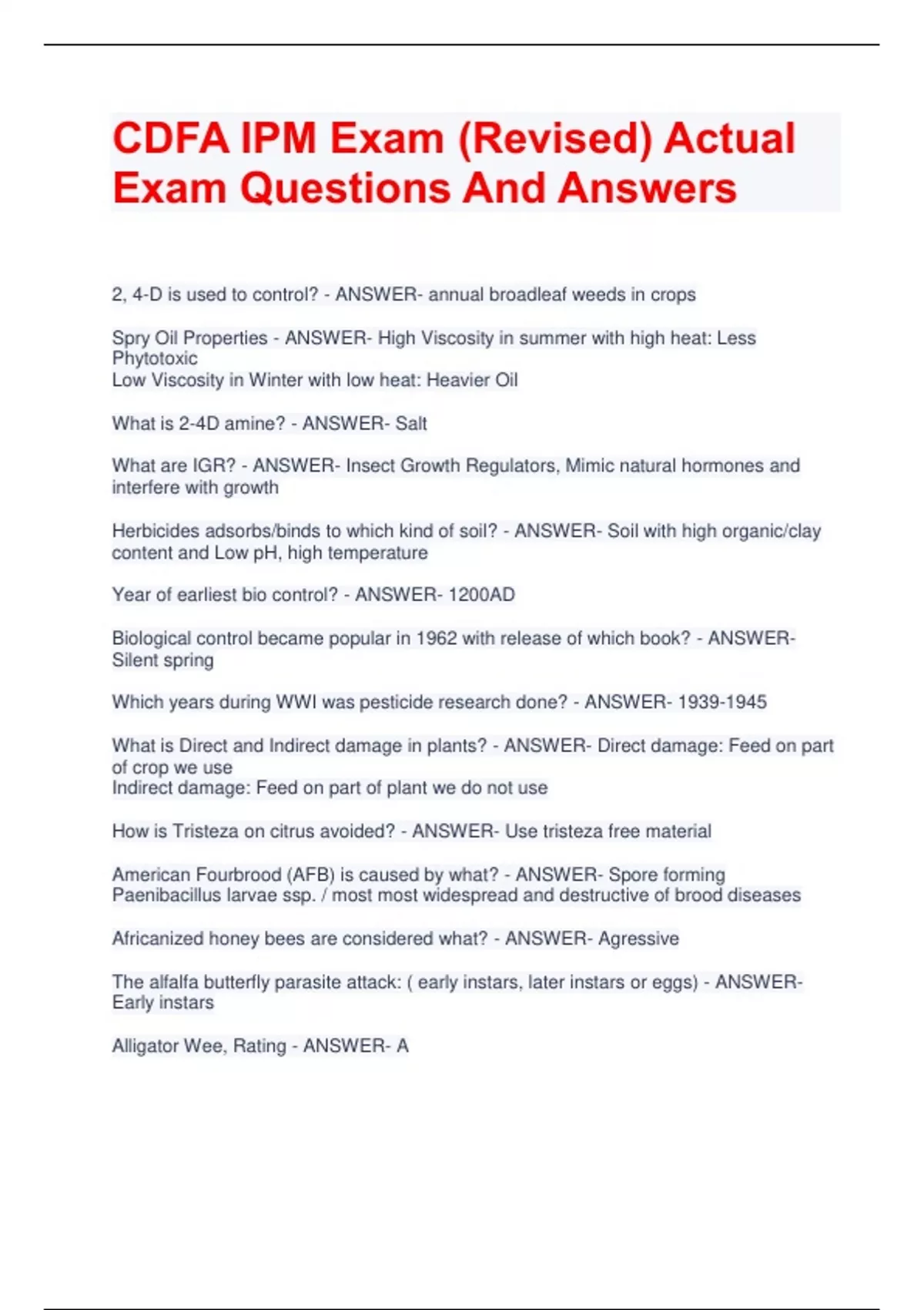CDFA IPM Exam (Revised) Actual Exam Questions And Answer CDFA IPM