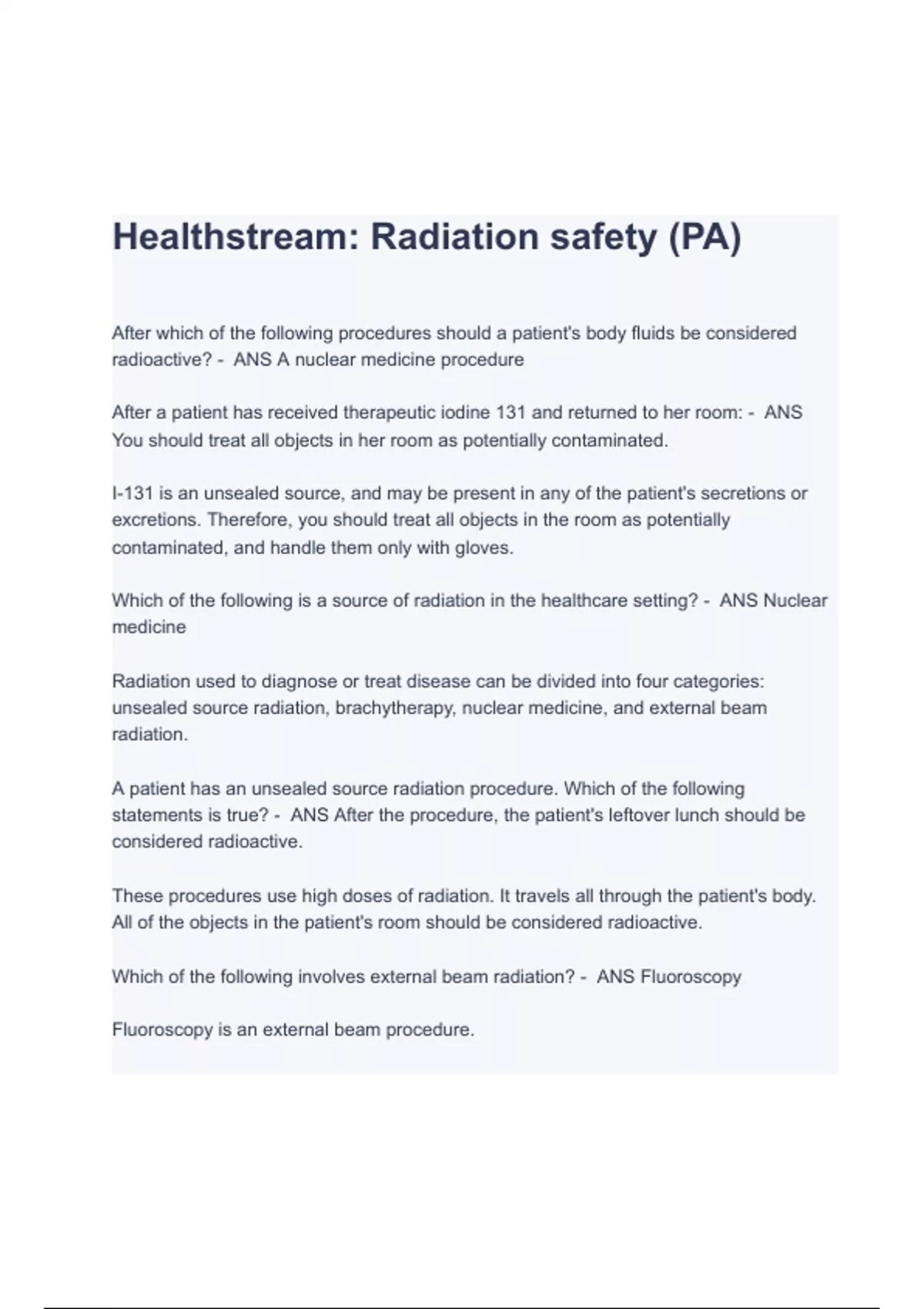 Healthstream Radiation safety (PA) Test Questions and Correct Answers