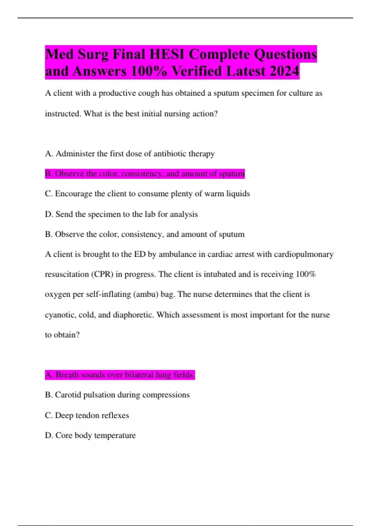 Med Surg Final Med Surg Final HESI Complete Questions and Answers 100% ...