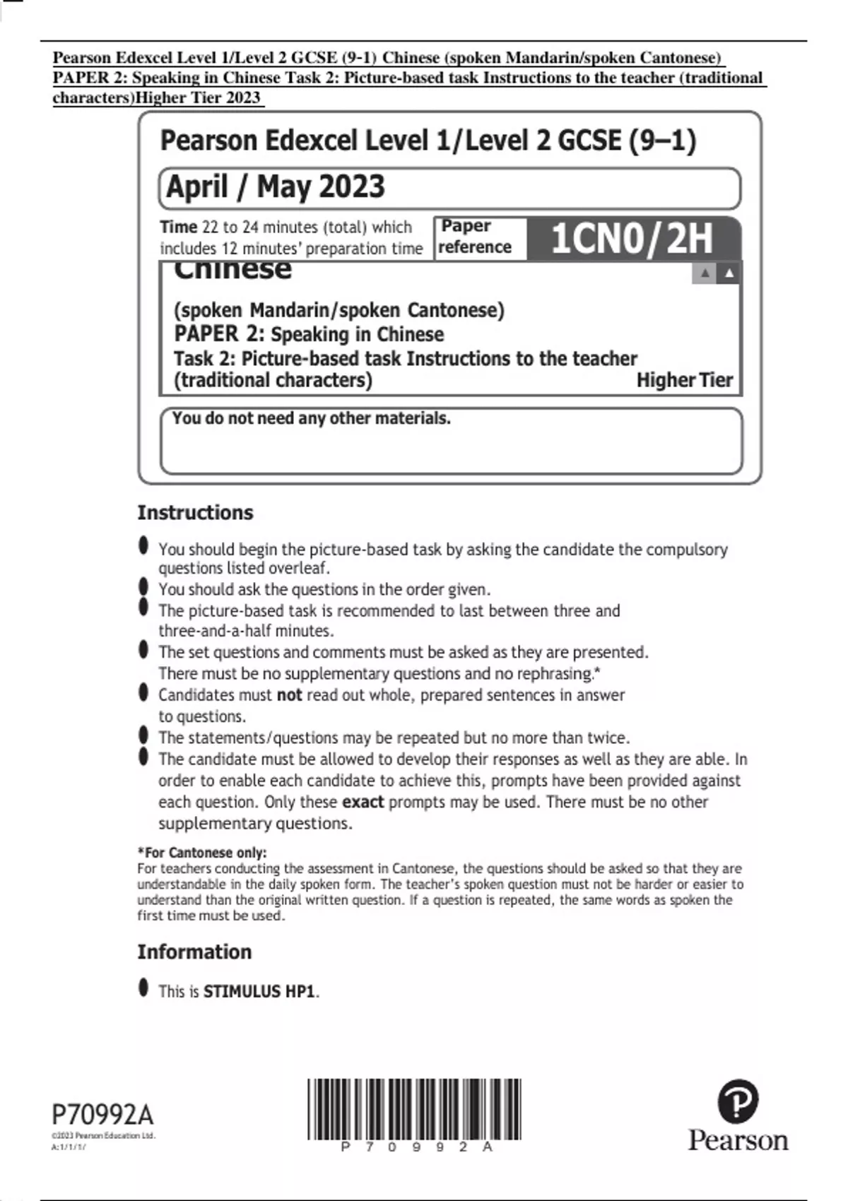 Pearson Edexcel Level 1/Level 2 GCSE (9–1) Chinese (spoken Mandarin ...