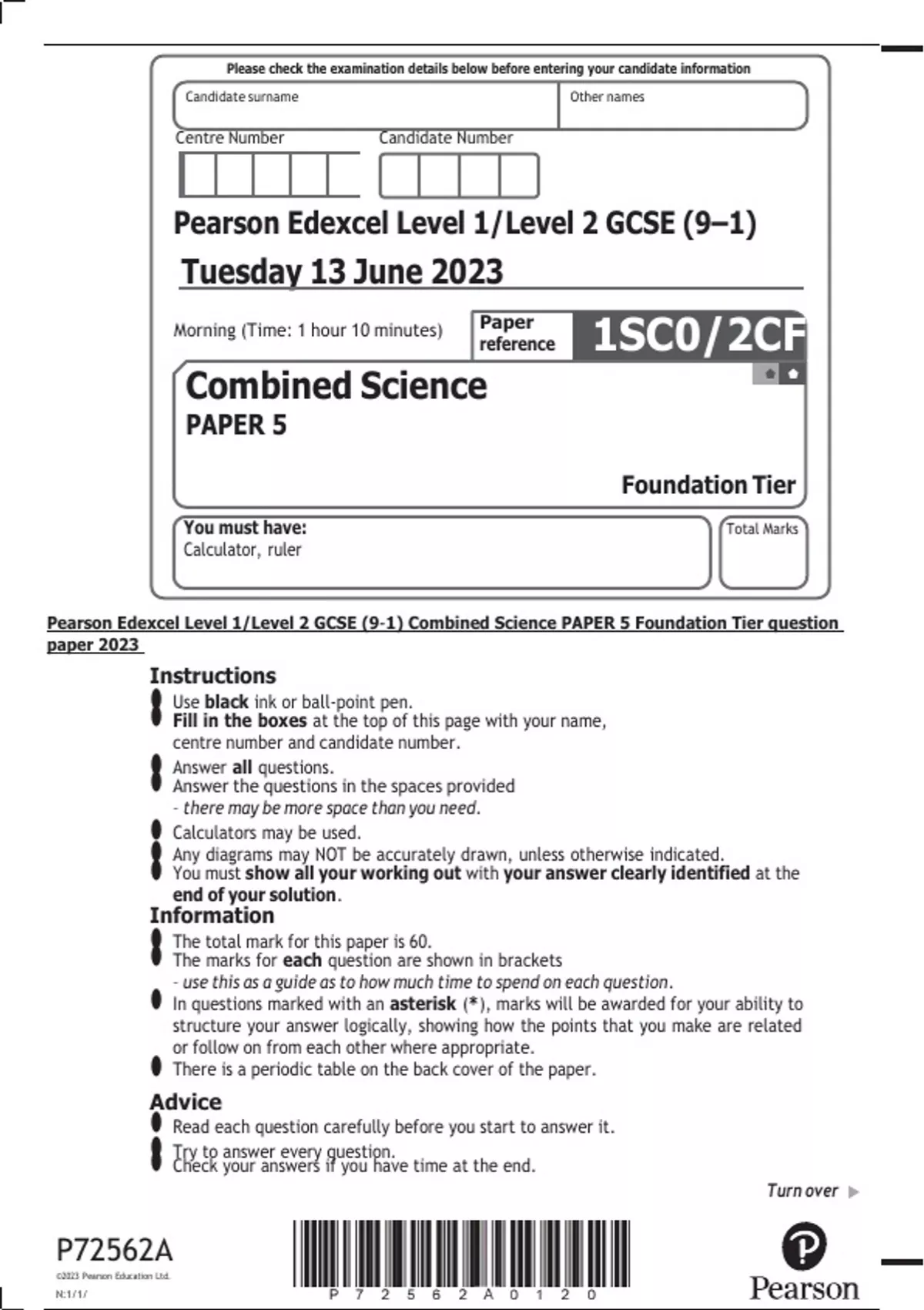 Pearson Edexcel Level 1/Level 2 GCSE (9–1) Combined Science PAPER 5 ...