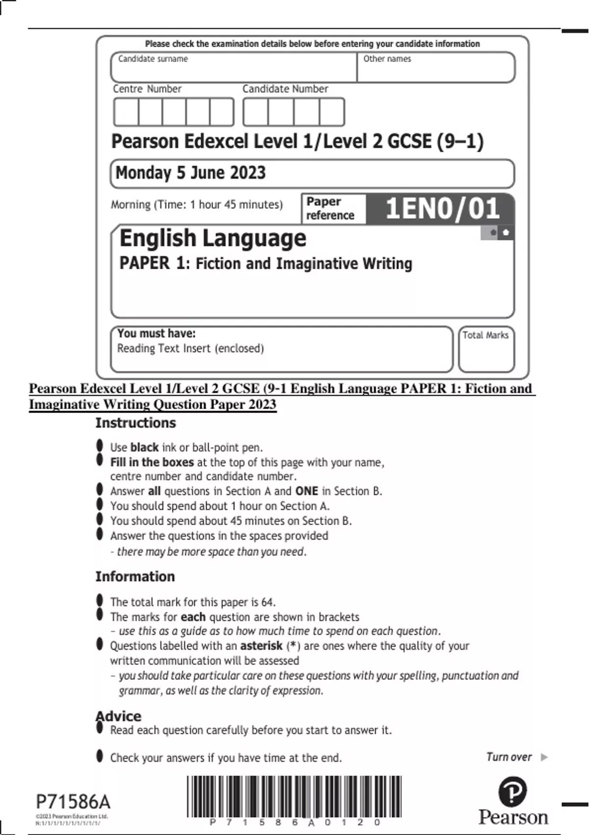 Pearson Edexcel Level 1/Level 2 GCSE (9–1 English Language PAPER 1 ...
