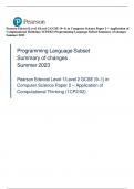 Pearson Edexcel Level 1/Level 2 GCSE (9–1) in Computer Science Paper 2 – Application of  Computational Thinking (1CP2/02) Programming Language Subset Summary of changes Summer 2023