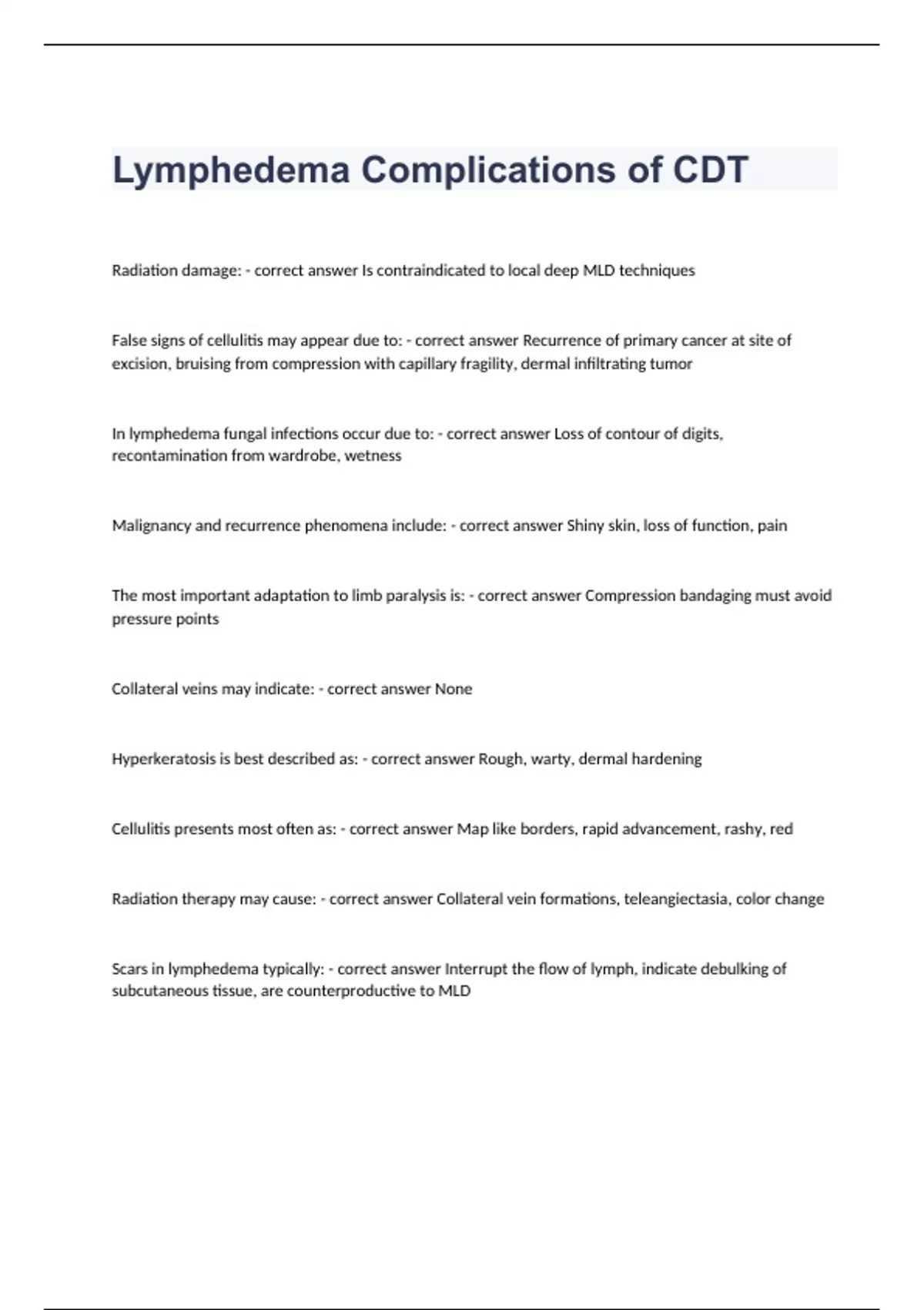 Lymphedema Complications of CDT with 100 correct answers graded A+