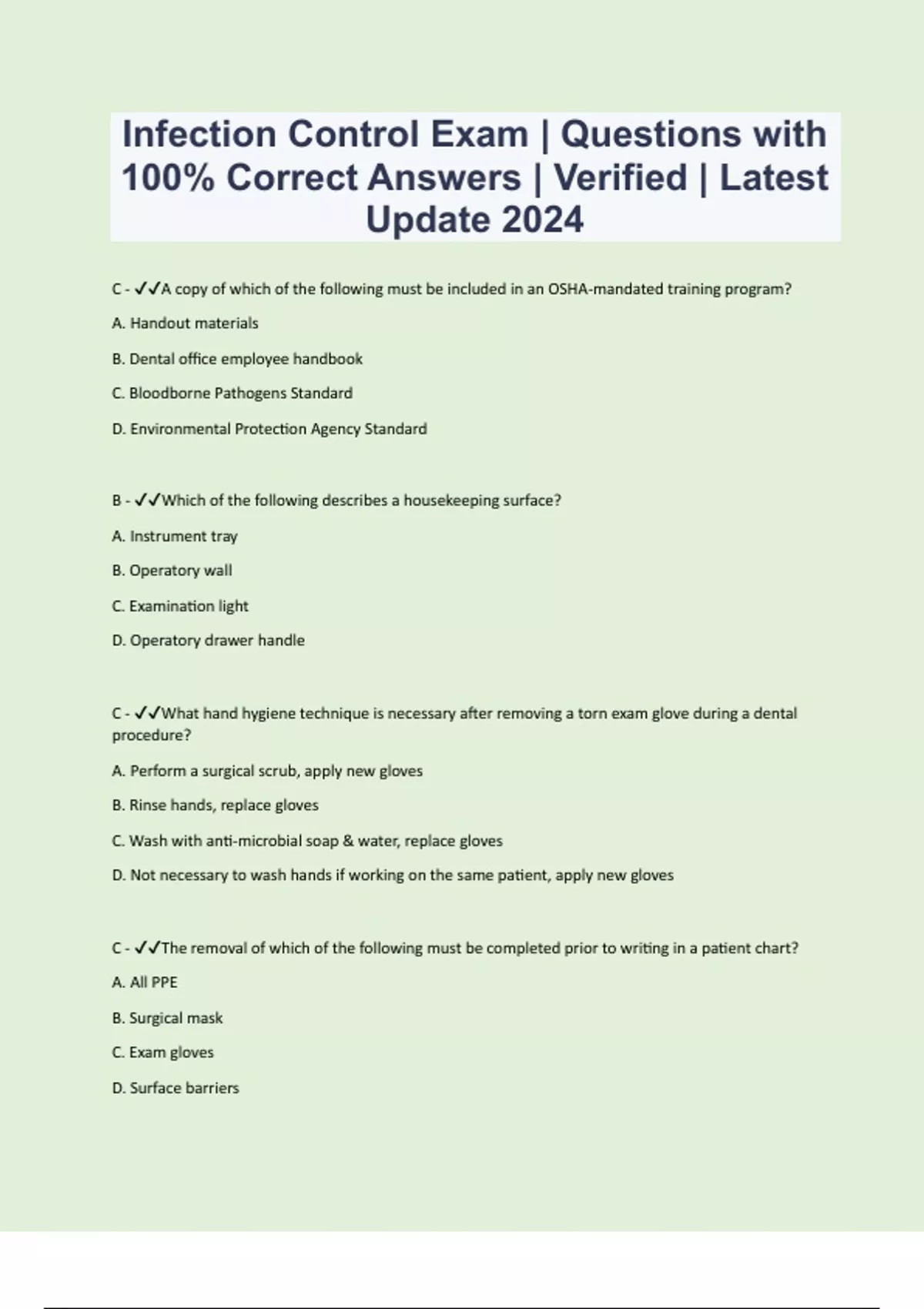 Infection Control Exam Questions with 100 Correct Answers Verified