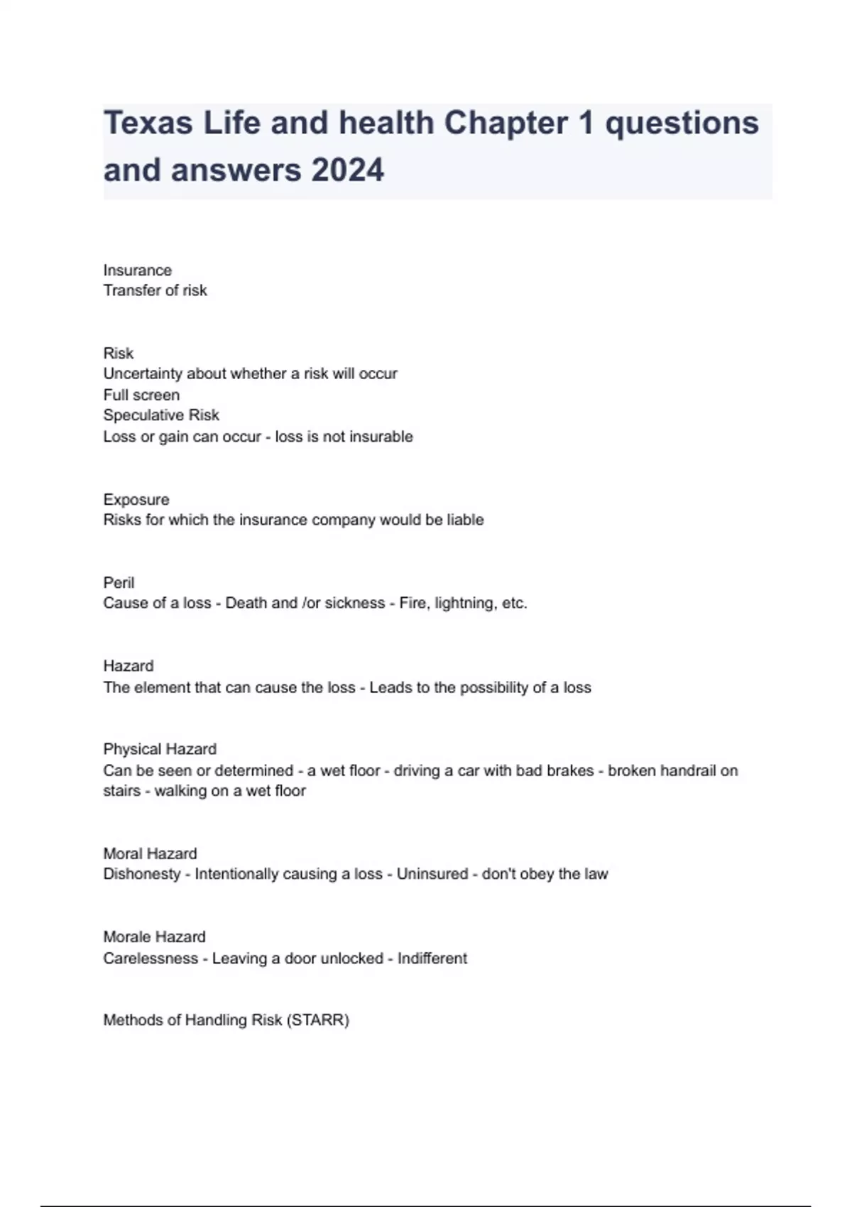 Texas Life and health Chapter 1 questions and answers 2024 Texas Life