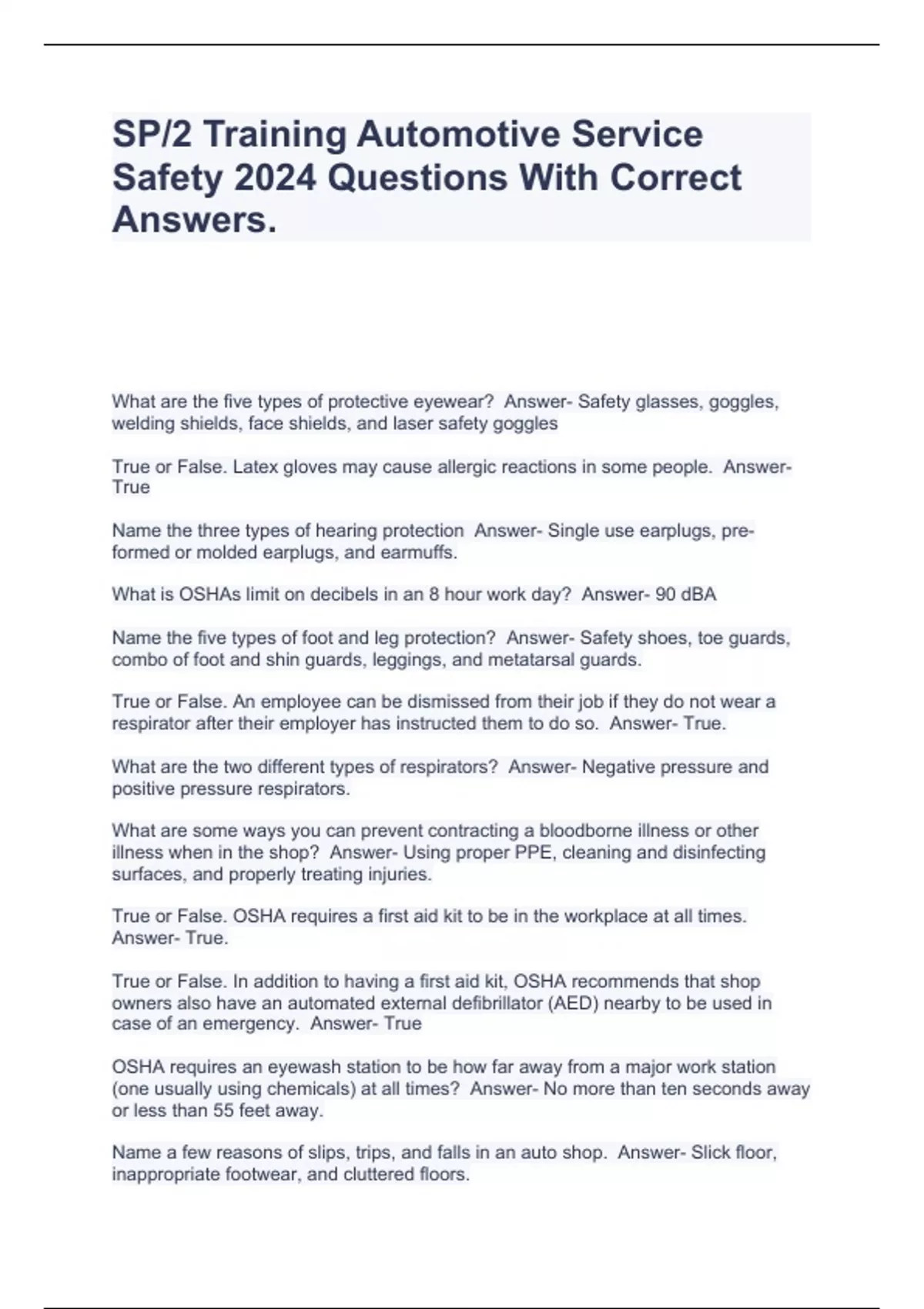 SP/2 Training Automotive Service Safety 2024 Questions With Correct
