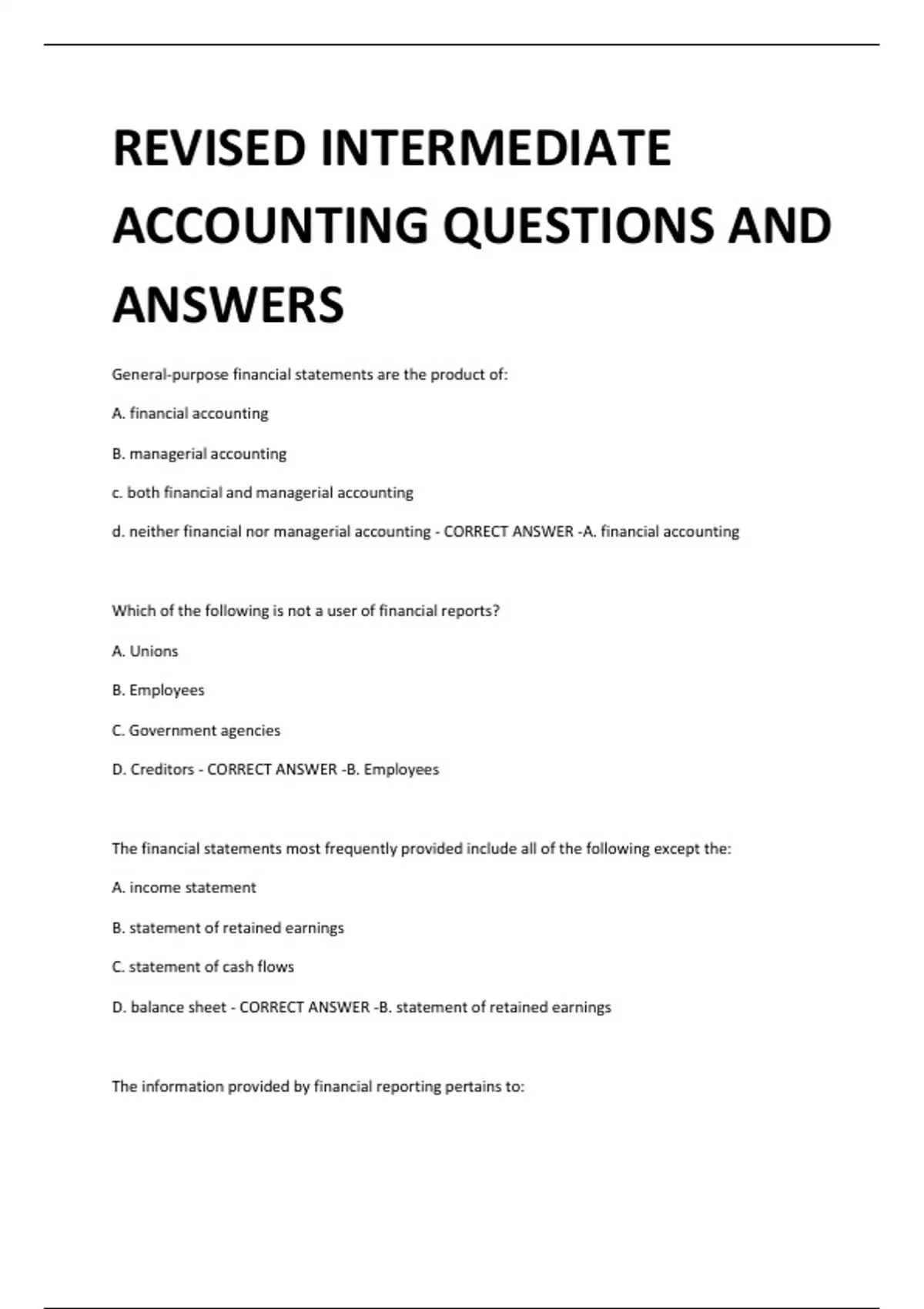 REVISED INTERMEDIATE ACCOUNTING QUESTIONS AND ANSWERS INTERMEDIATE
