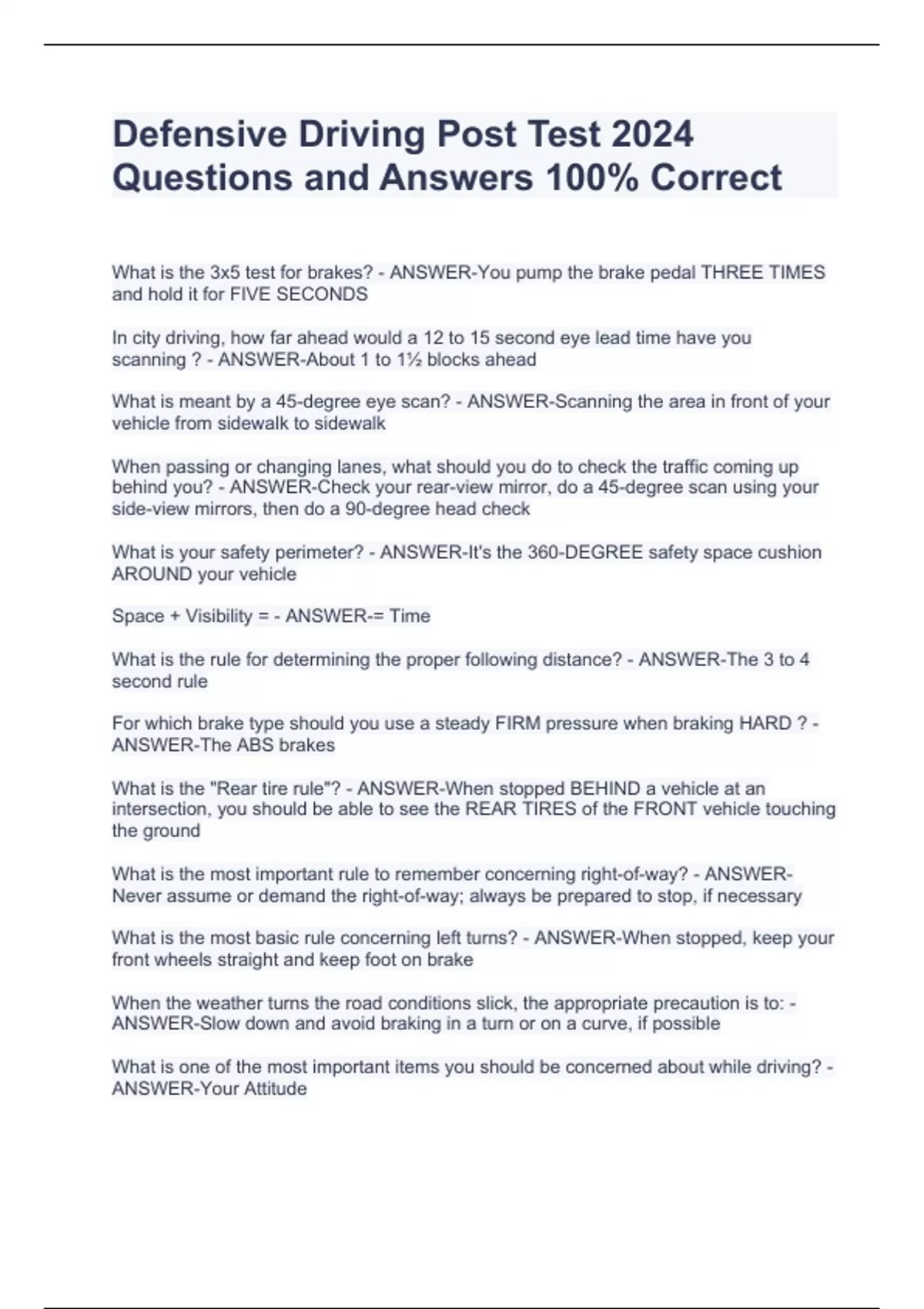 Defensive Driving Post Test 2024 Questions and Answers 100 Correct