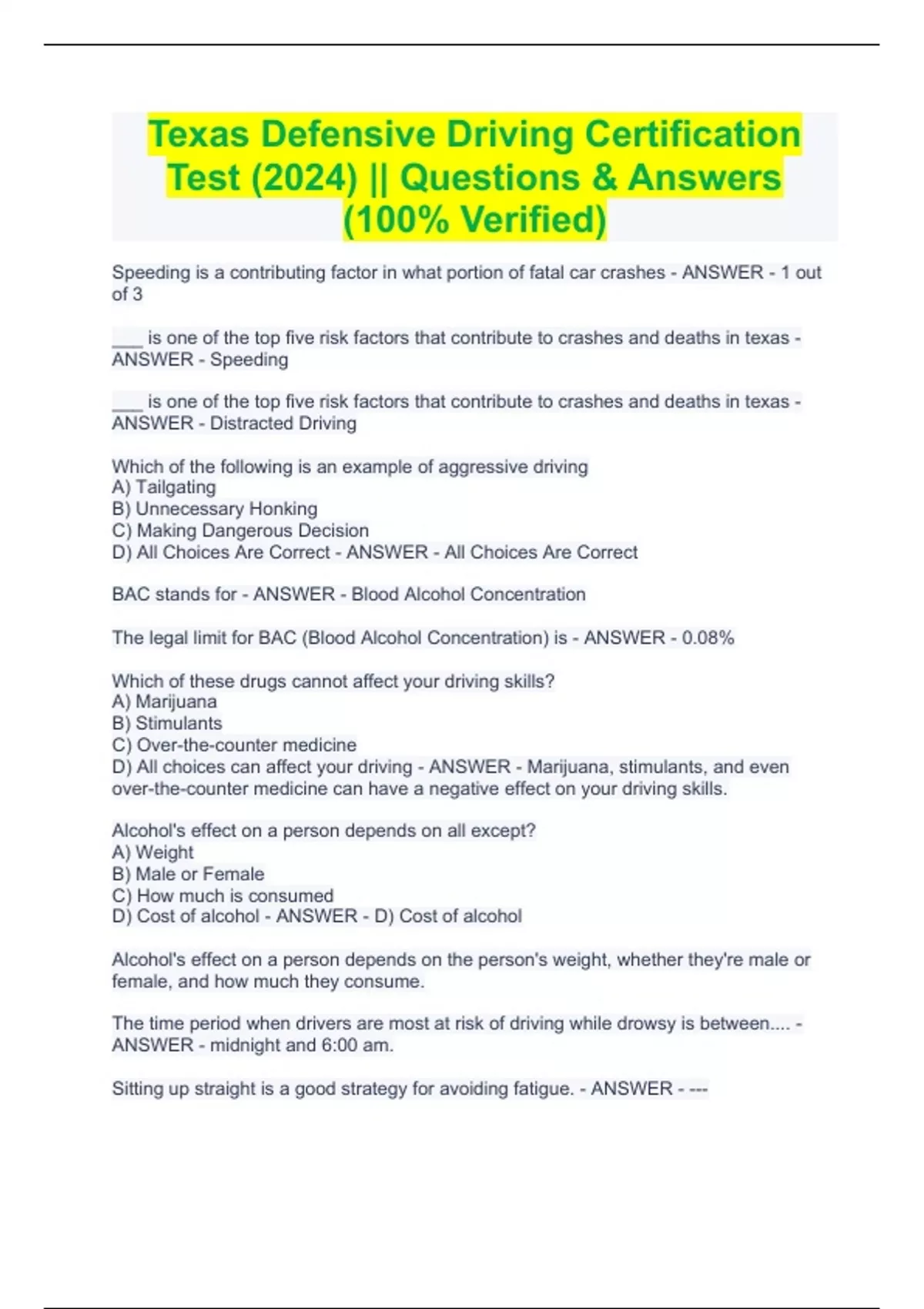 Texas Defensive Driving Certification Test (2024) Questions