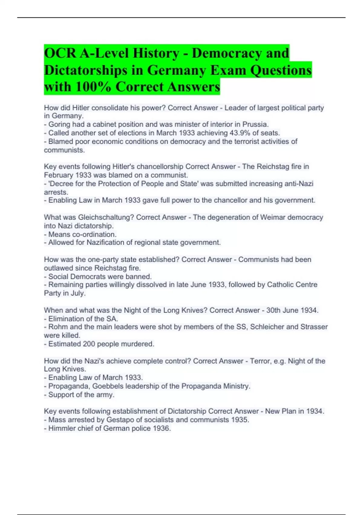 OCR A Level History Democracy And Dictatorships In Germany Exam 