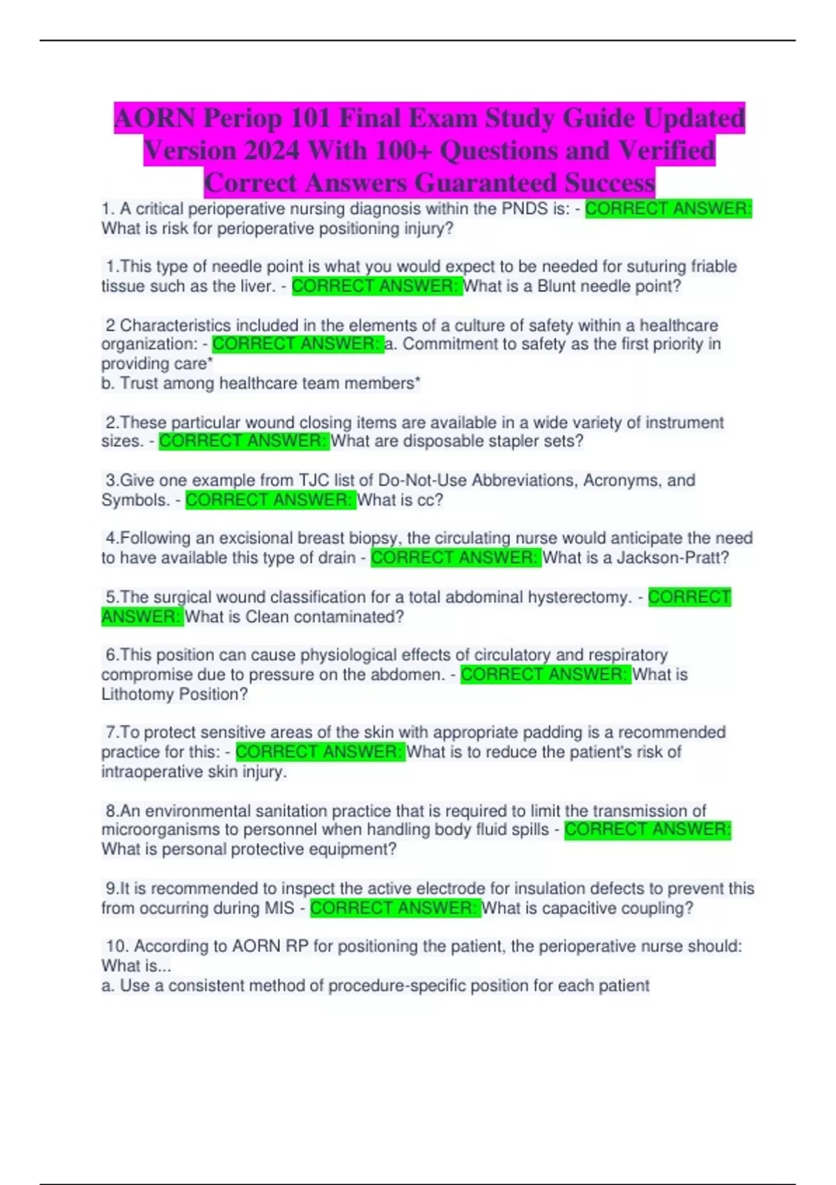 AORN Periop 101 Final Exam Study Guide Updated Version 2024 With 100 ...