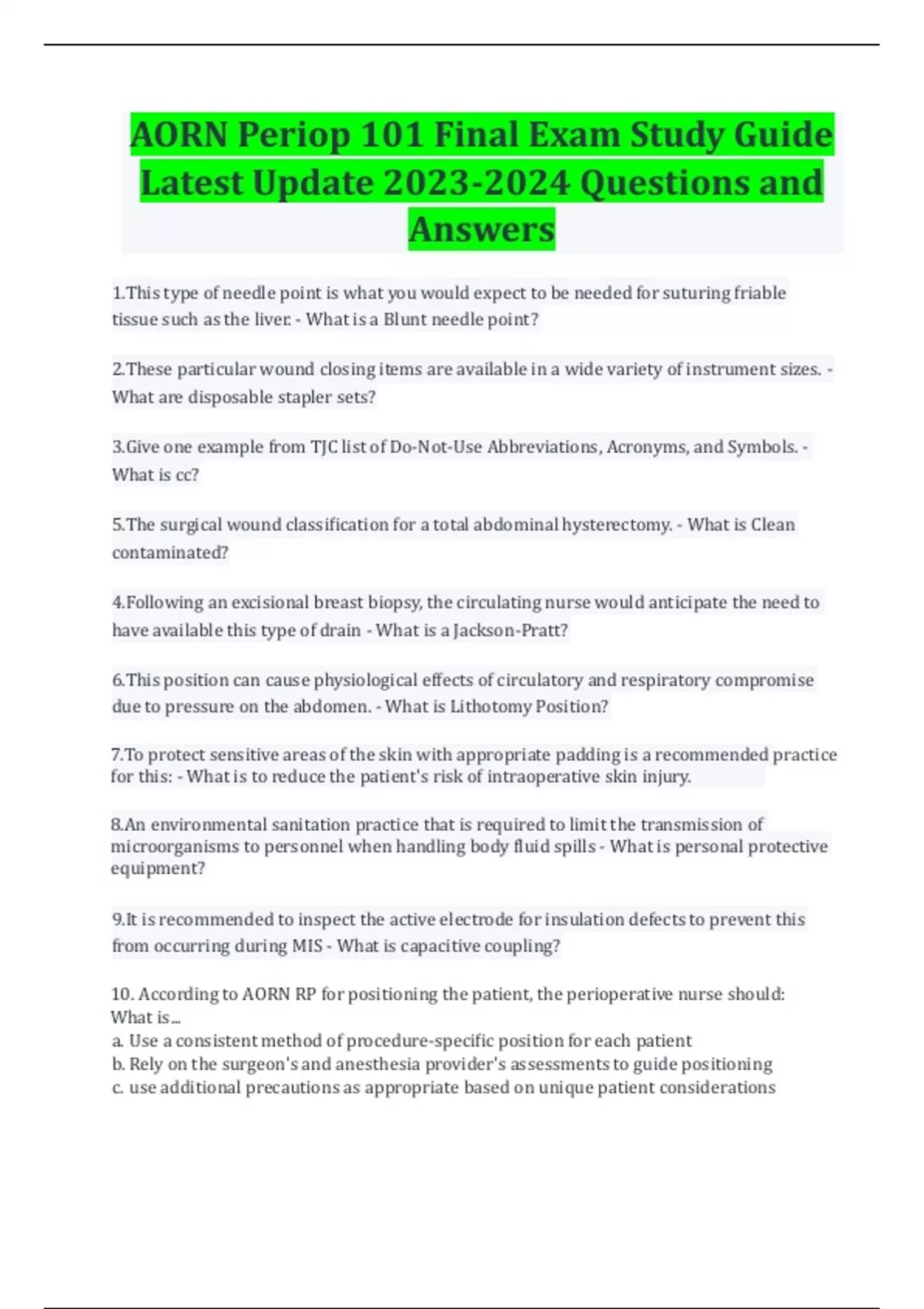 AORN Periop 101 Final Exam Study Guide Latest Update Questions and ...