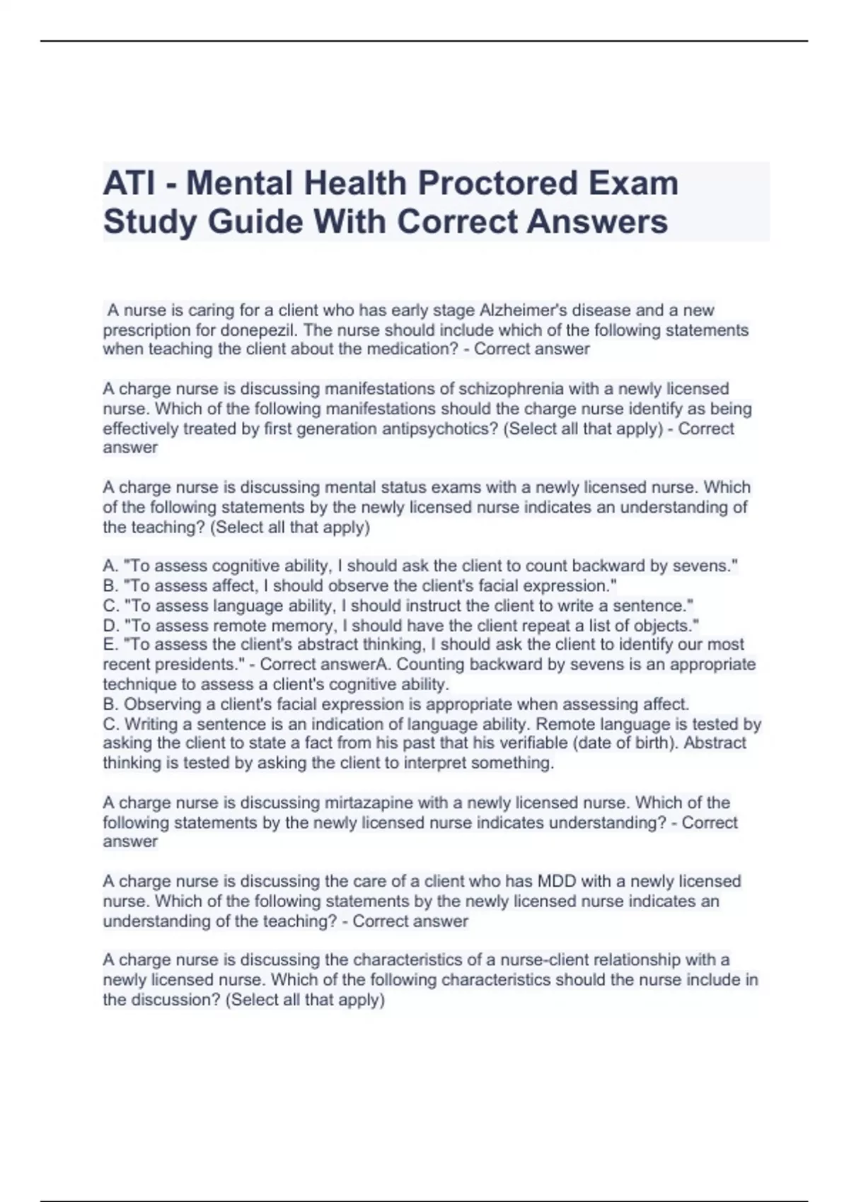 ATI - Mental Health Proctored Exam Study Guide With Correct Answers ...