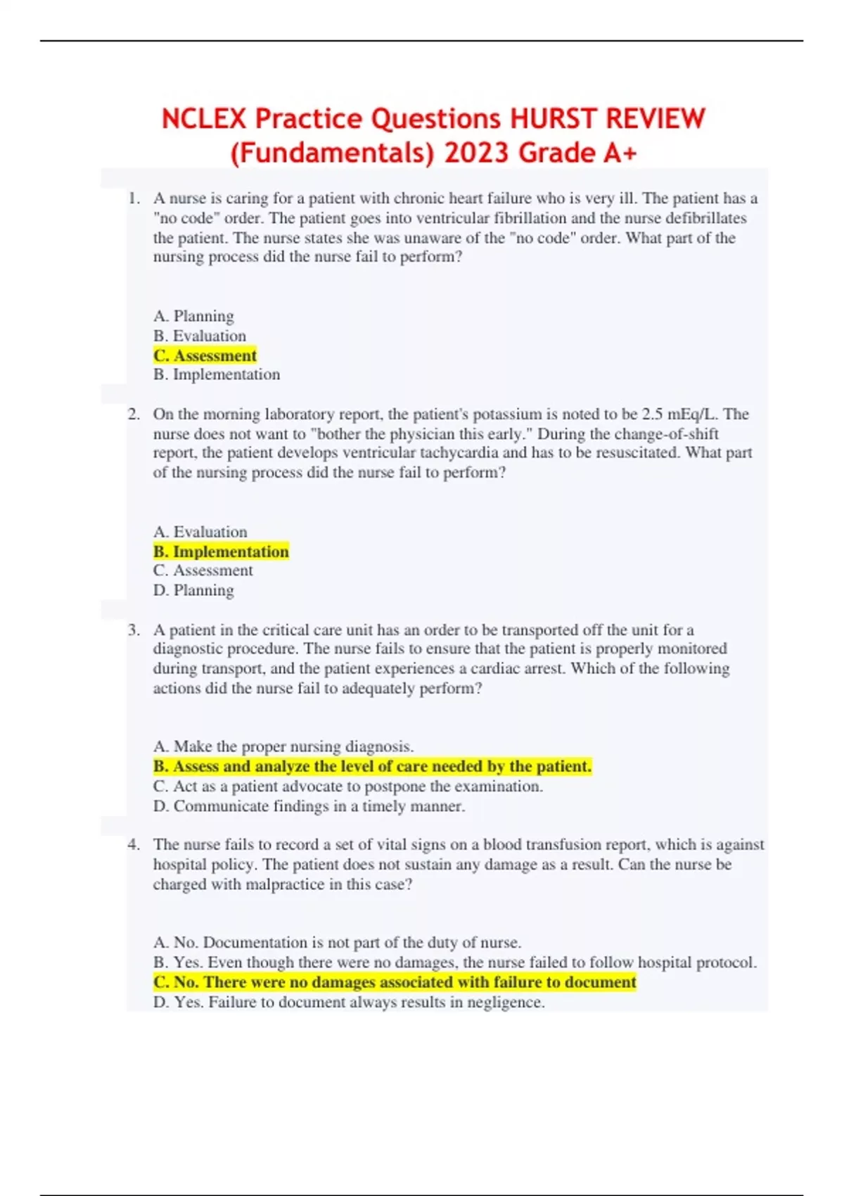 NCLEX PRACTICE QUESTIONS HURST REVIEW (FUNDAMENTALS) 2023 GRADE A+ ...