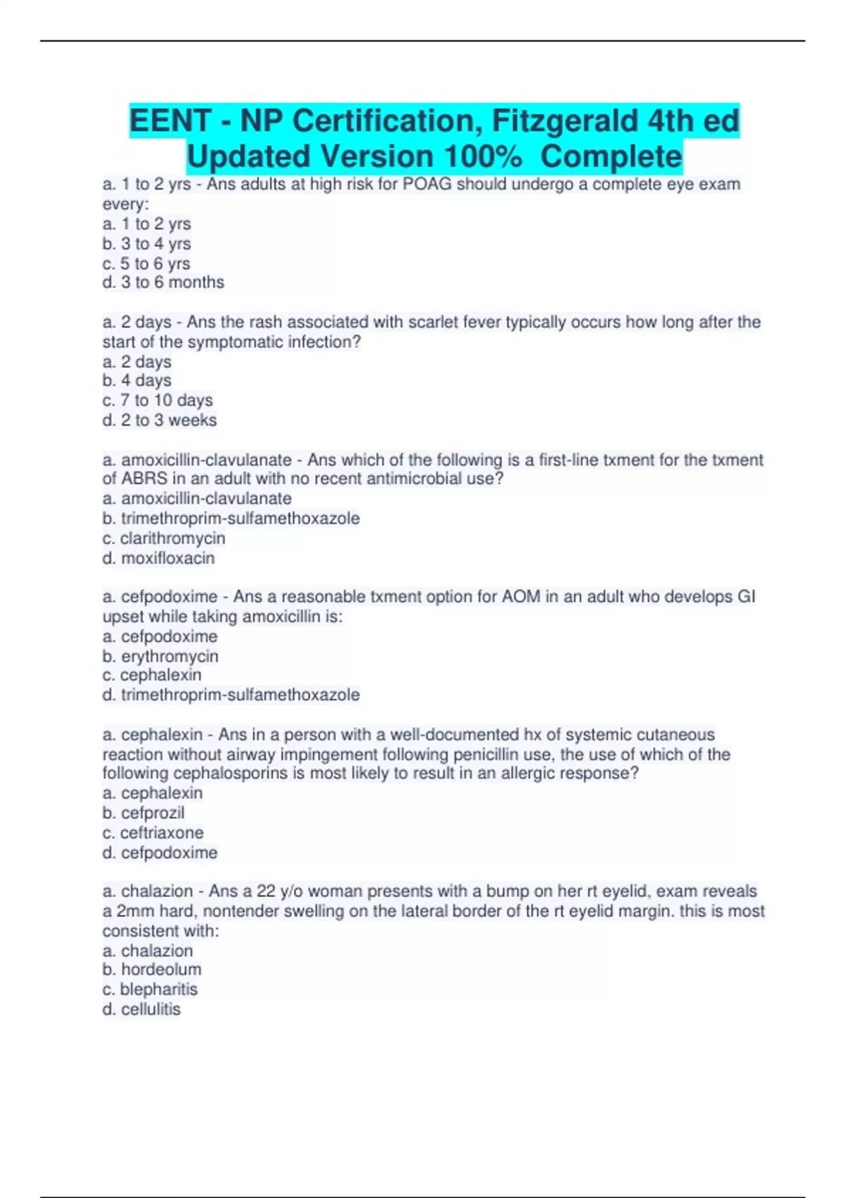 EENT - NP Certification, Fitzgerald 4th ed Updated Version 100% ...
