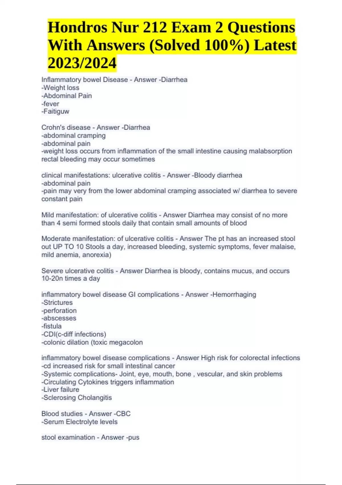 Hondros NUR 212 Exam 1 Questions and Answers, Latest Updated 2024