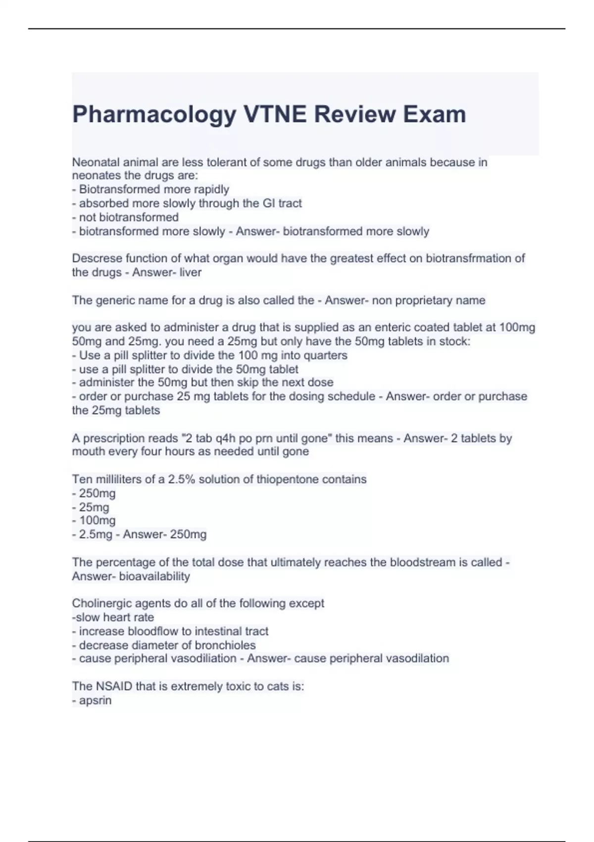 Pharmacology VTNE Review Exam Questions and Answers - VTNE Pharmacology ...