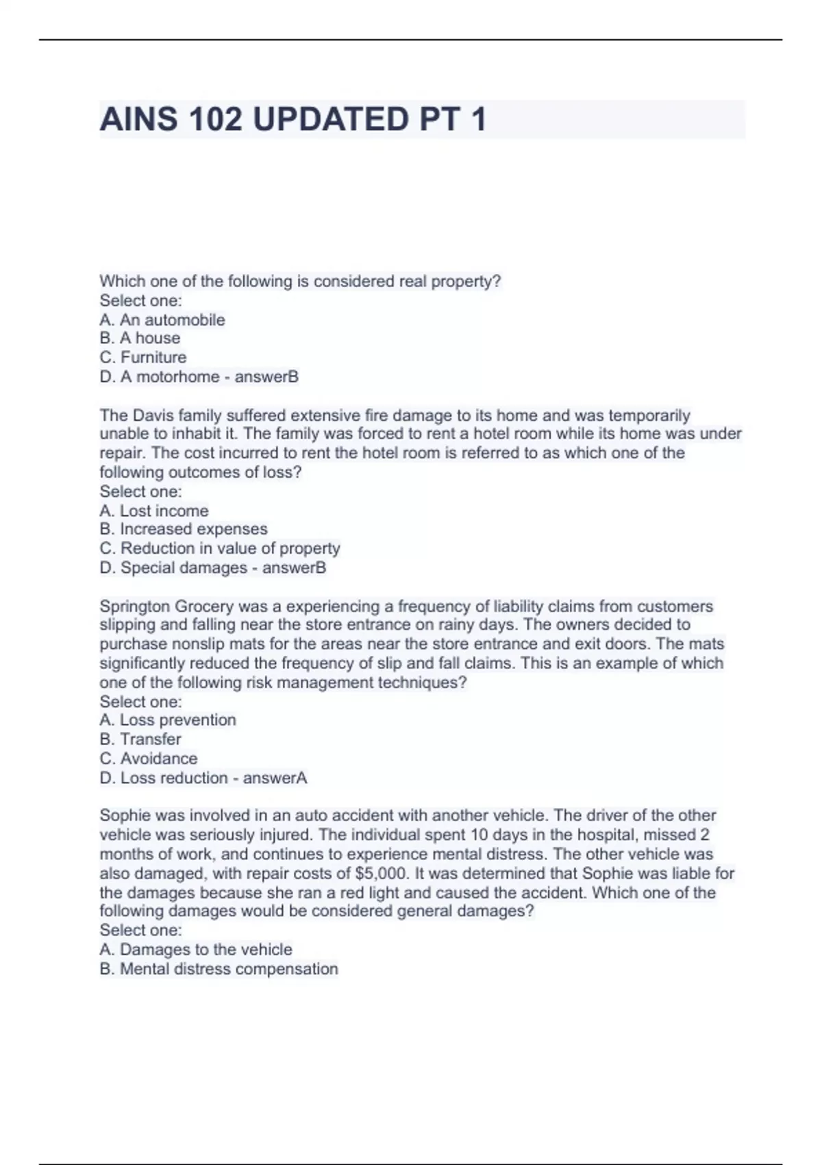 AINS 102 UPDATED PT 1 QUESTIONS ANSWERS 2024 - Ains - Stuvia US