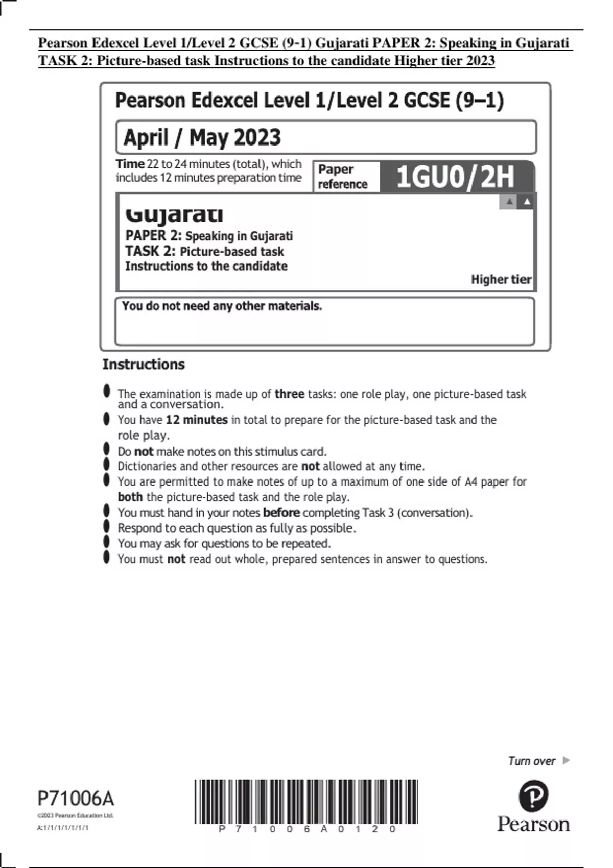 Pearson Edexcel Level 1/Level 2 GCSE (9–1) Gujarati PAPER 2: Speaking ...