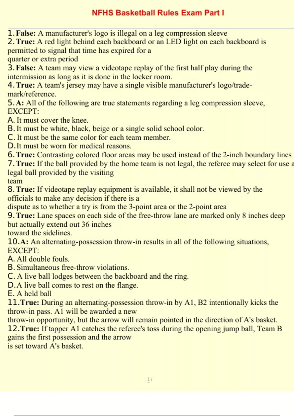 NFHS Basketball Rules Exam Part I Q&A 2024 Review with correct answers