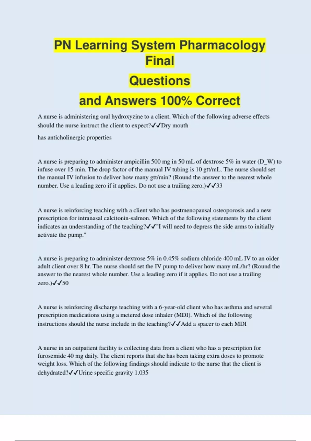PN Learning System Pharmacology Final Questions and Answers 100% Correct - PN Comprehensive ...