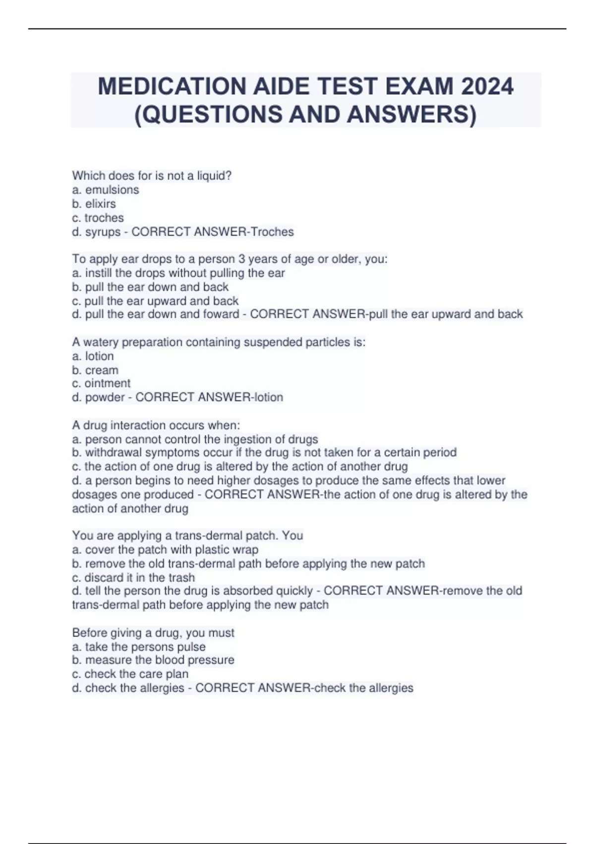 MEDICATION AIDE TEST EXAM 2024 (QUESTIONS AND ANSWERS) Medication