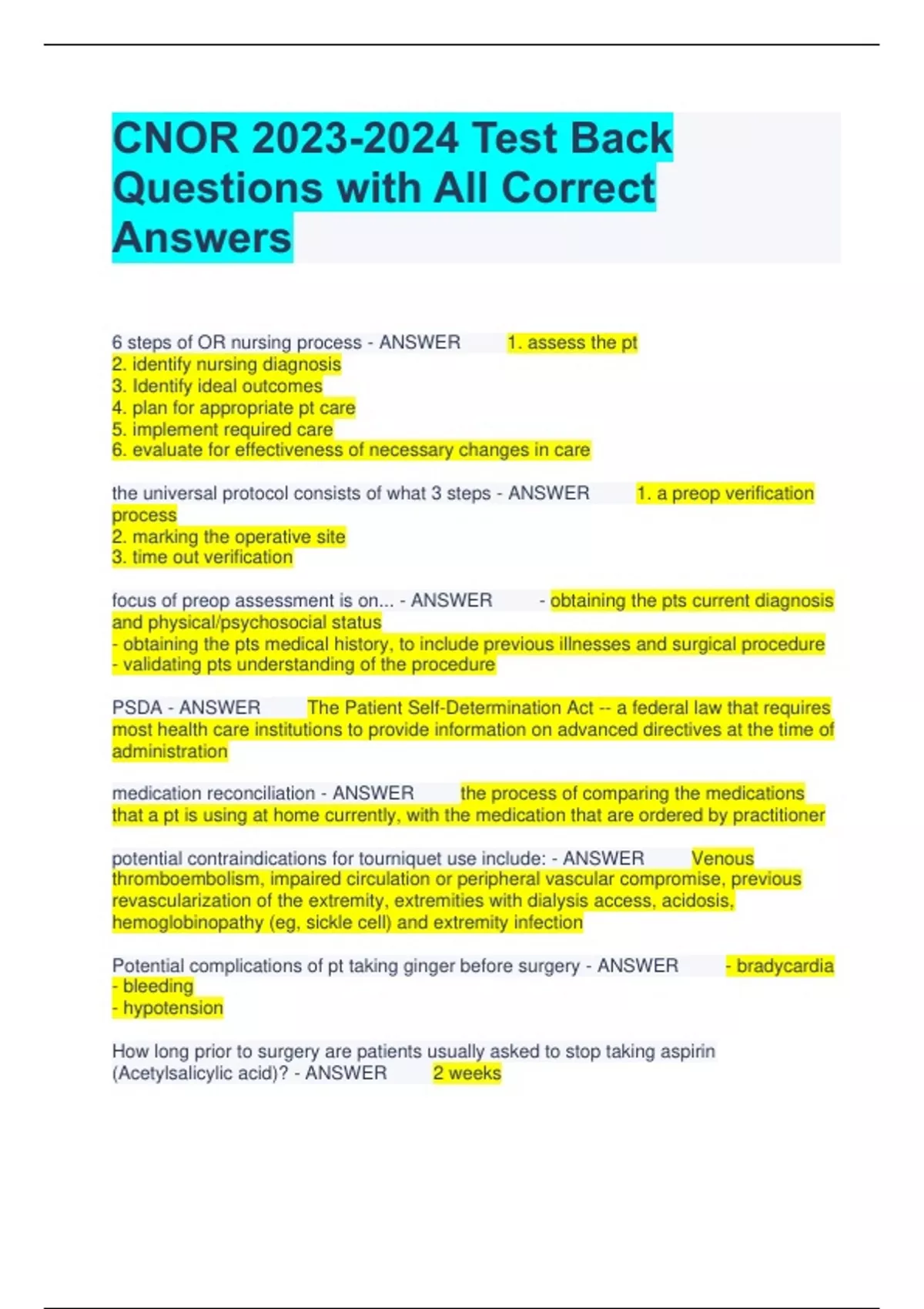 CNOR Test Back Questions with All Correct Answers CNOR Stuvia US