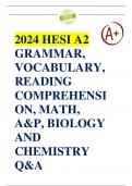 HESI A2 V2 QUESTIONS AND ANSWERS GRAMMAR, VOCABULARY, READING COMPREHENSION, MATH, A&P, BIOLOGY AND CHEMISTRY 2024