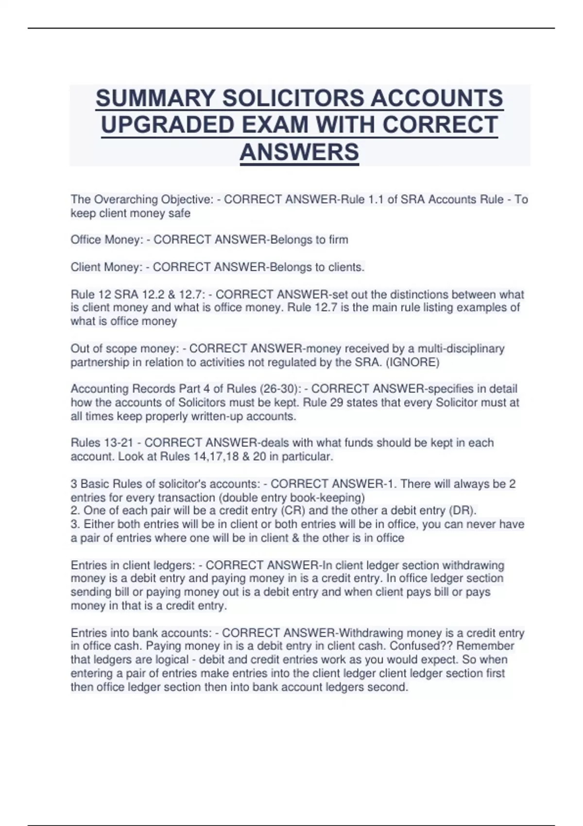 SUMMARY SOLICITORS ACCOUNTS UPGRADED EXAM WITH CORRECT ANSWERS SUMMARY SOLICITORS ACCOUNTS