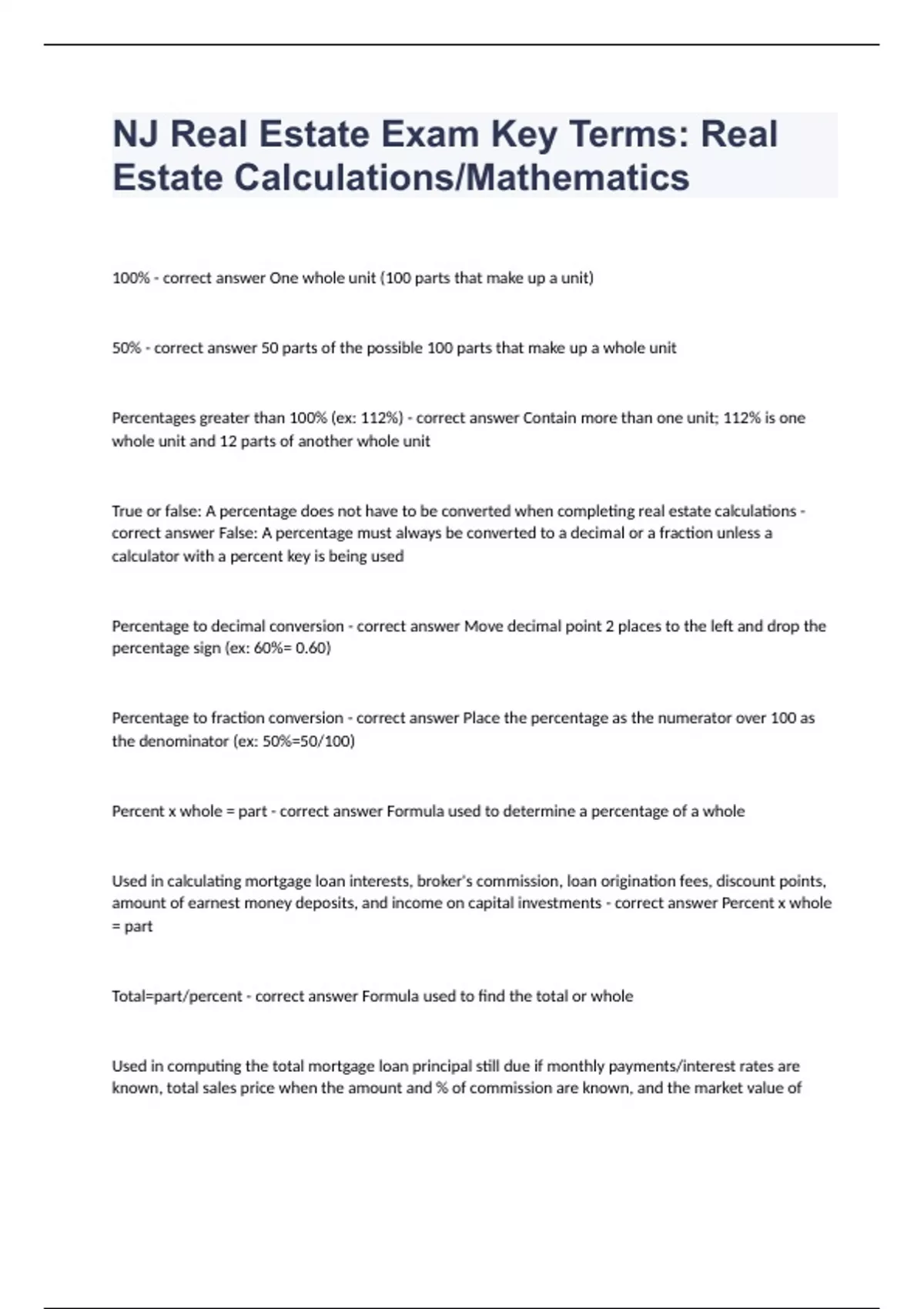 NJ Real Estate Exam Key Terms Real Estate Calculations Mathematics Question and answers