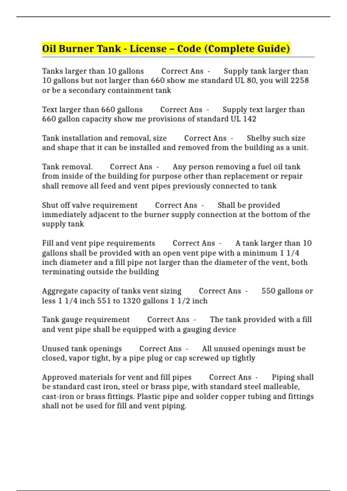 Oil Burner Tank License Code Guide) OIL BURNERS Stuvia US