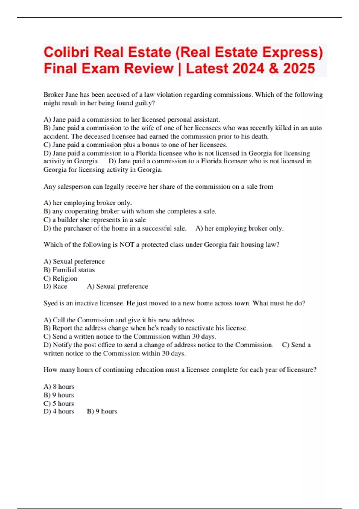 Colibri Real Estate (Real Estate Express) Final Exam Review Latest