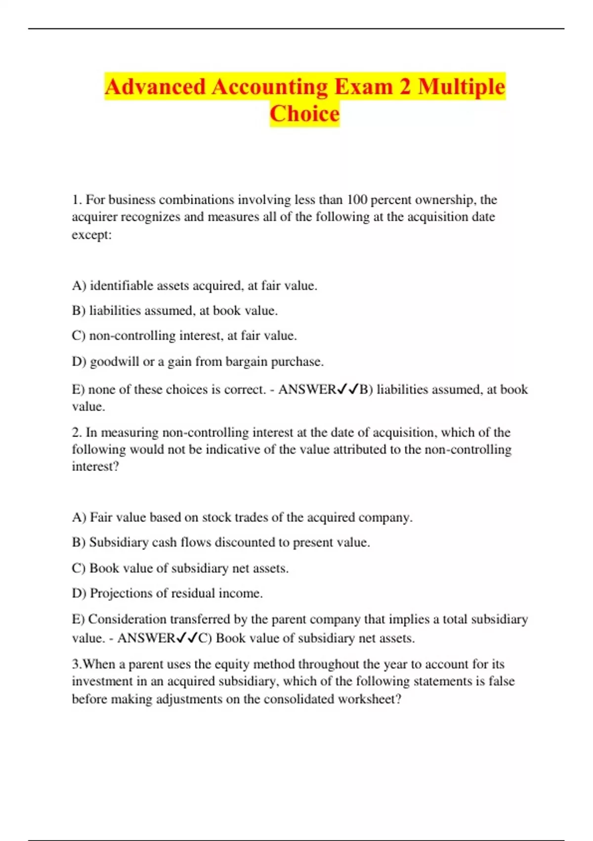 Advanced Accounting Exam 2 Multiple Choice - Advanced Accounting ...